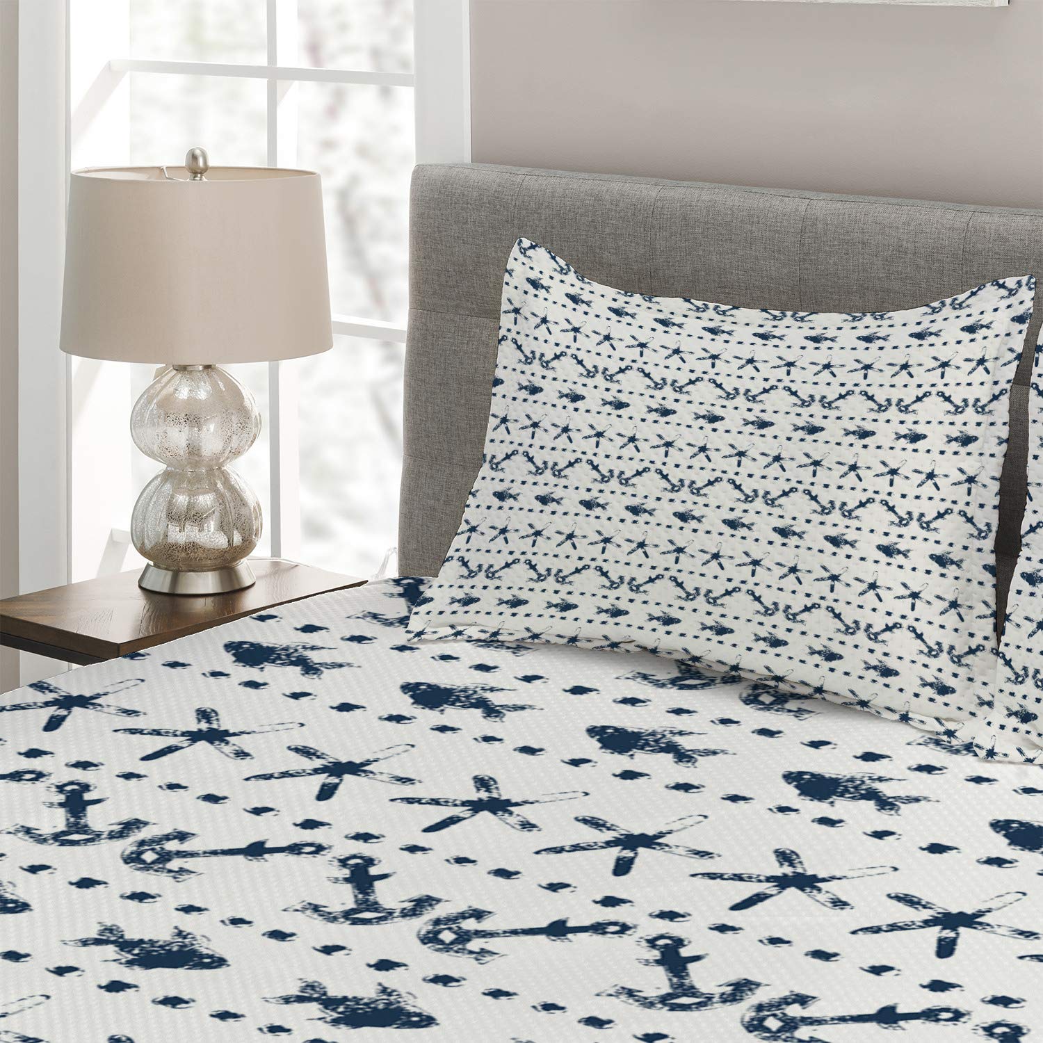 Ambesonne Navy Blue Quilted Bedspread Set - 3 Piece King Size Nautical Coverlet with Fish, Starfish & Anchor Print, Includes 2 Pillow Shams - Perfect for Coastal Bedroom Decor, Guest Room Makeover & Marine-Themed Home Styling