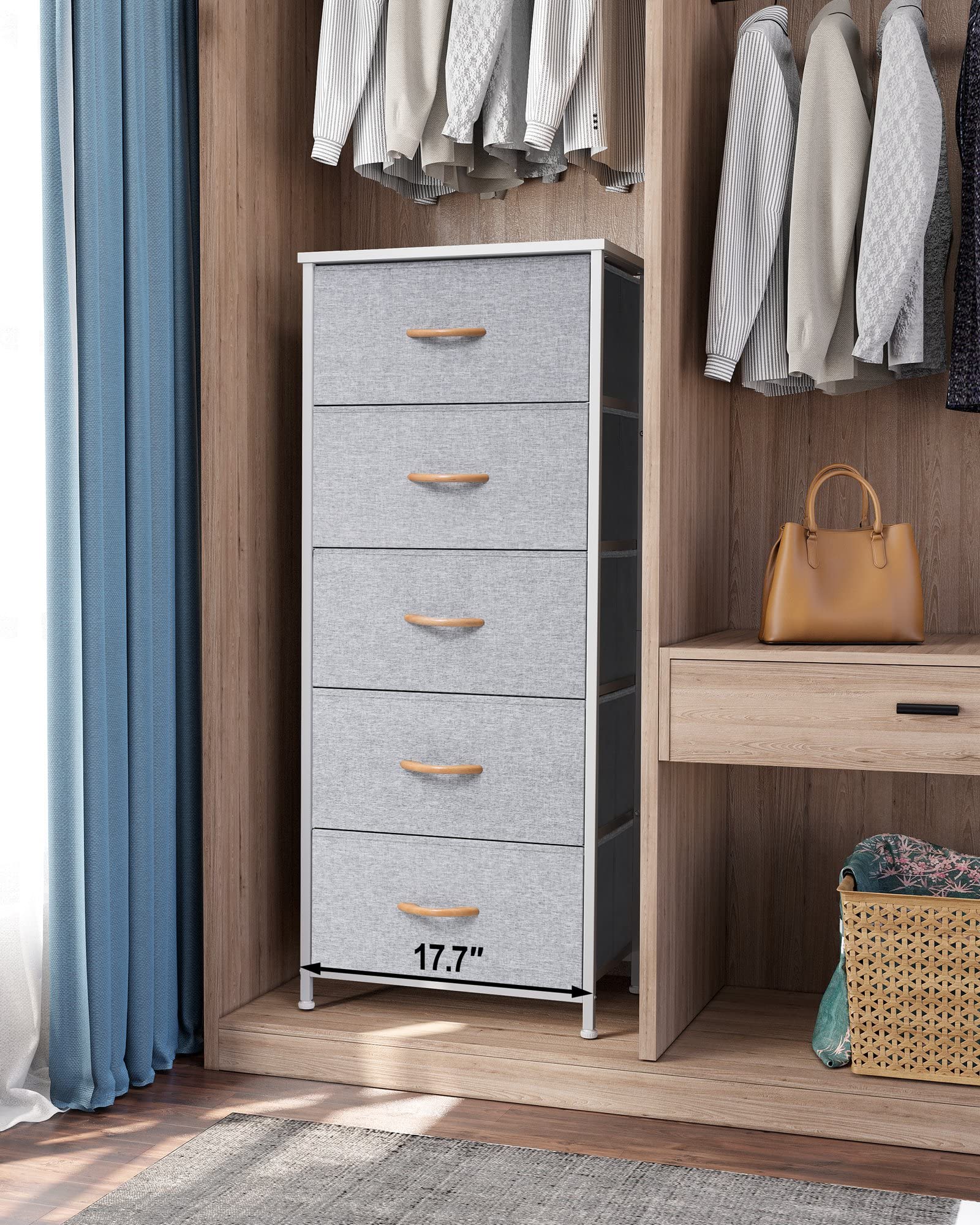 Vertical Dresser Storage Tower with Steel Frame & Wood Top - 5 Drawers for Bedroom & Closet Organization (Light Gray)