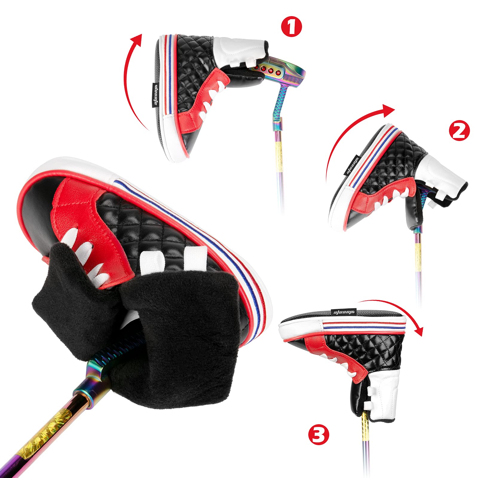 Wosofe Golf Blade Putter Cover - Embroidered PU Leather Headcover with Funny Shoe Design - Universal Fit for All Golf Club Brands (Red) - Perfect for Golf Course Protection & Style Enhancement