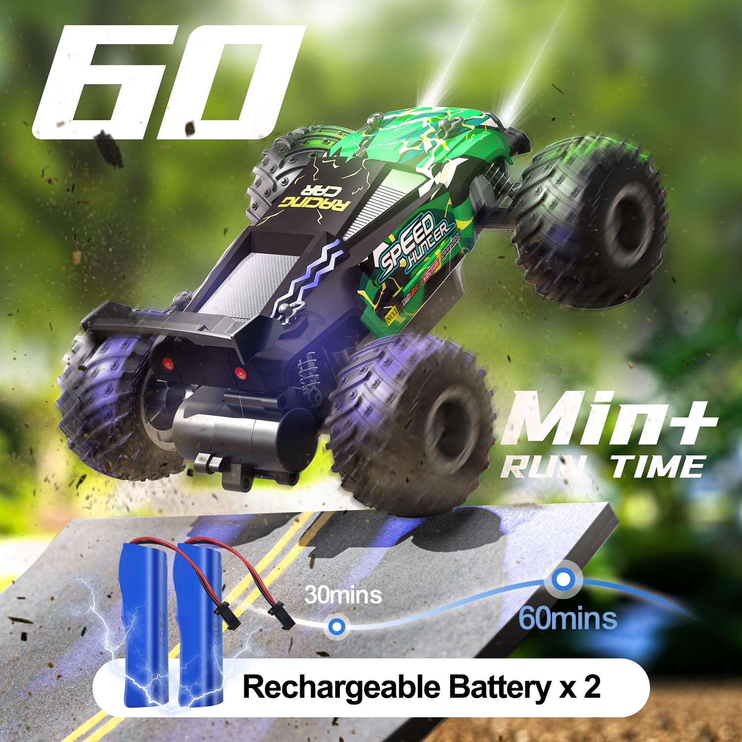 2WD All Terrain RC Monster Truck - 20Km/h Fast Remote Control Car with 2 Rechargeable Batteries & LED Lights | Off-Road Hobby Vehicle for Boys & Kids | Perfect for Outdoor Play, Backyard Racing & Birthday Gifts