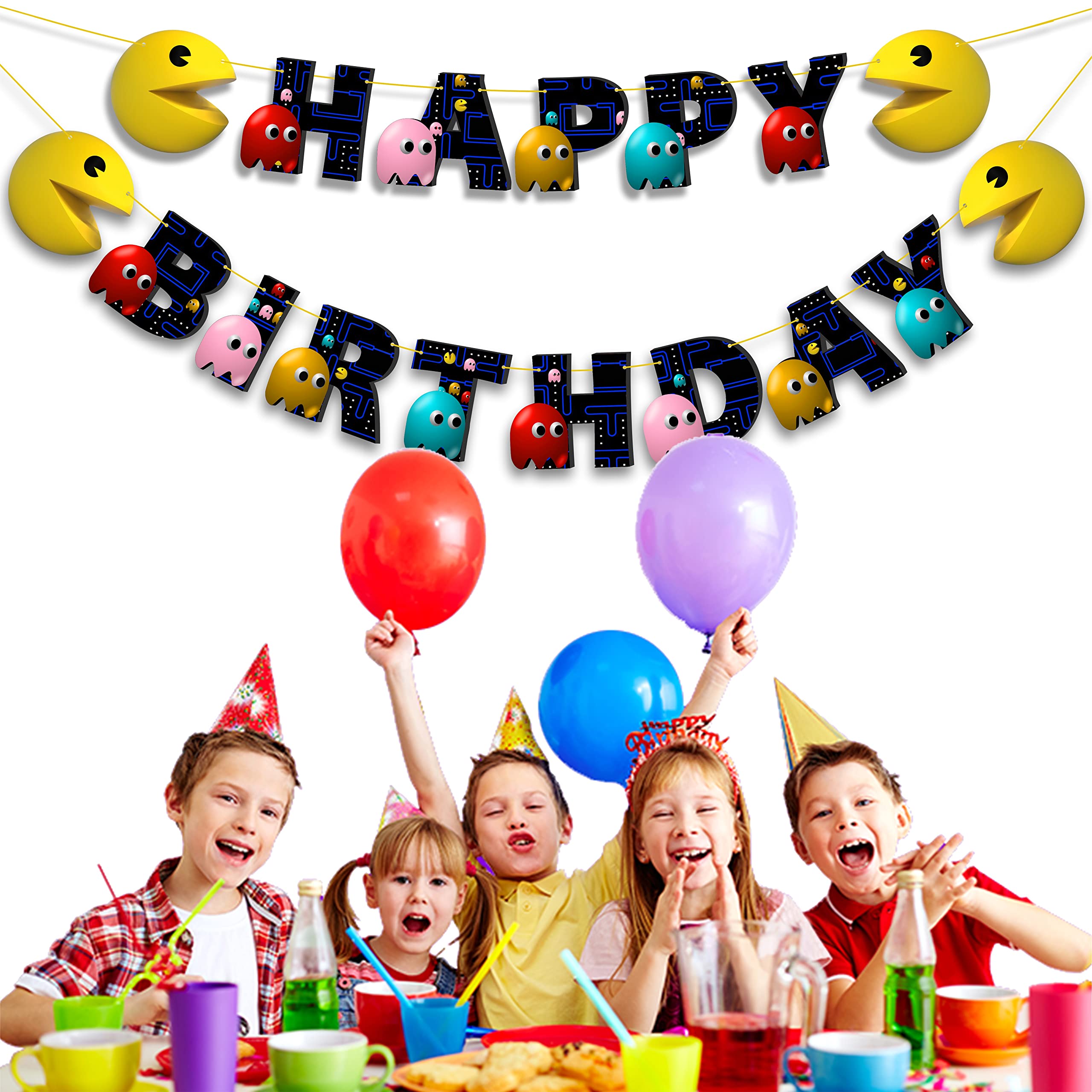 Pacmn Ghost Happy Birthday Banner - Halloween Birthday Party Decorations for Kids & Adults - Perfect for Indoor & Outdoor Celebrations