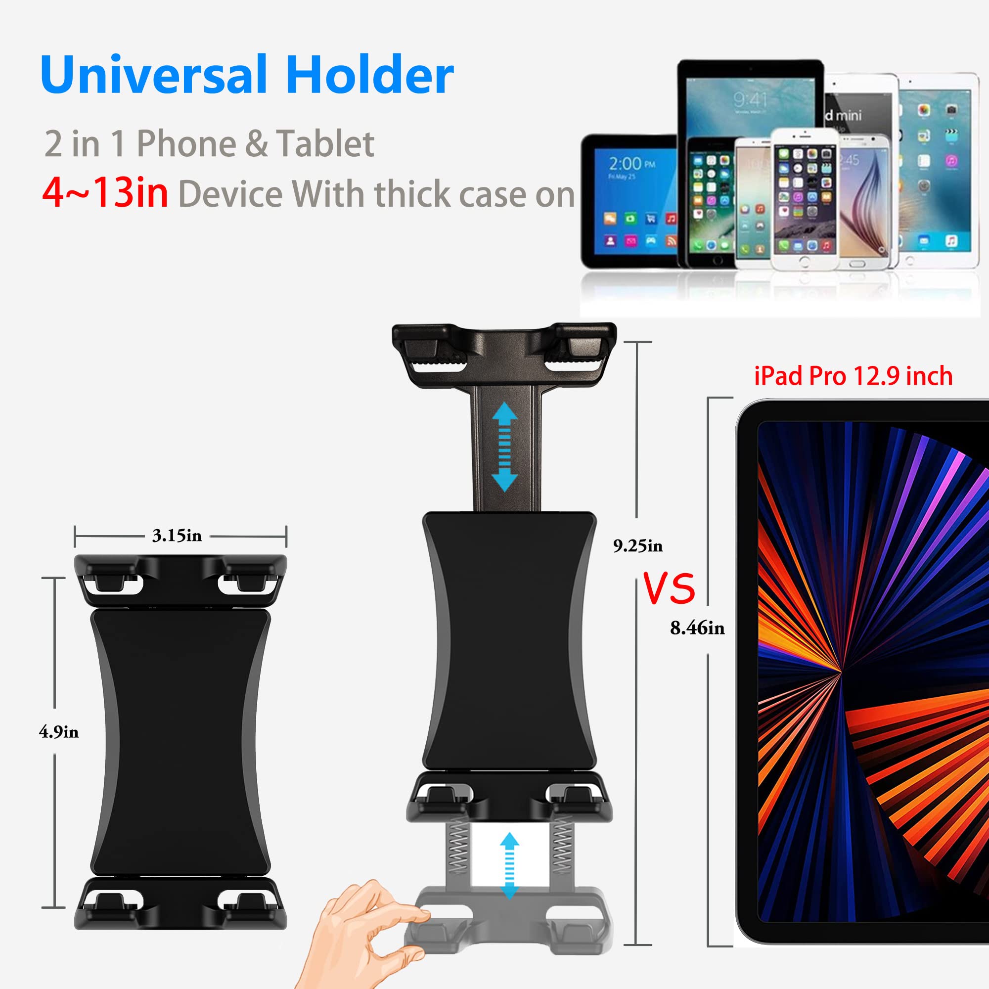 Treadmill Tablet Holder - Adjustable iPad Mount for Stationary Bike, Elliptical & Spin Bike - Fits 4-13