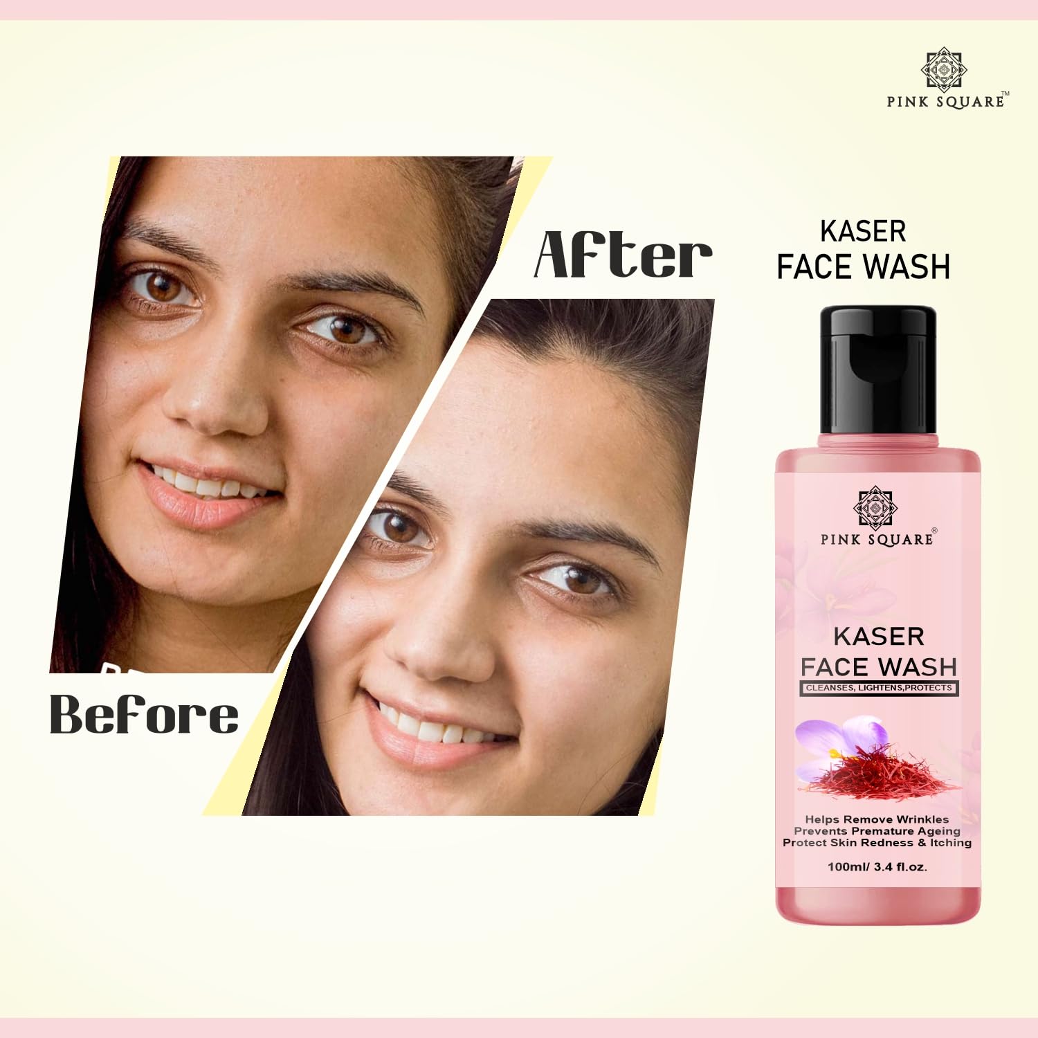Pink Square Gold Kesar Face Wash with Golden Essence & Saffron Extract - Brightening & Illuminating Facial Cleanser | Silicone-Free, Paraben-Free, No Toxic Chemicals | 100ml | Perfect for Morning & Night Skincare Routine