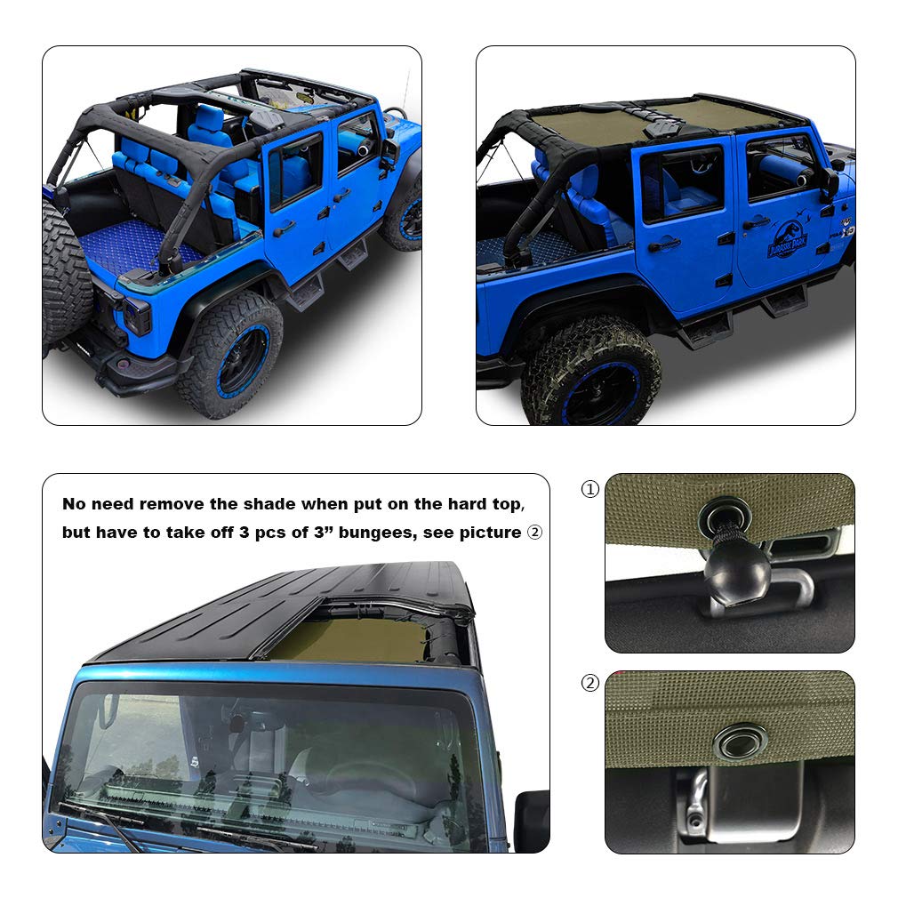 Shadeidea JK Sun Shade Top for Jeep Wrangler JKU (2007-2018) - Soft Mesh Roof Cover with UV Protection & Wind Noise Reduction - 4-Door 2-Piece Set in Tank Green - 10 Year Warranty - Perfect for Off-Roading, Beach Trips & Summer Adventures