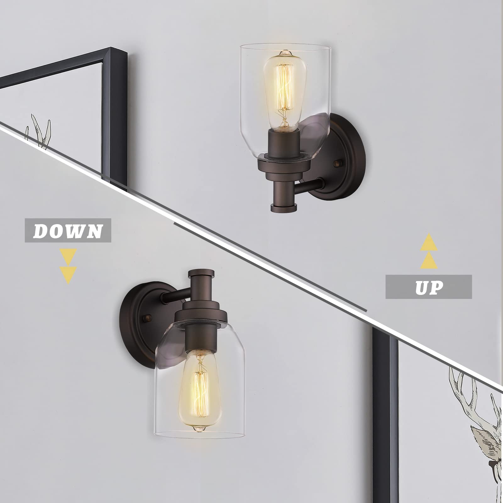 Farmhouse Vanity Sconces Wall Lighting 2 Pack - Oil Rubbed Bronze Bathroom Light Fixture with Clear Glass Shade for Bedroom, Hallway & Bathroom Decor (ZG33B-2 ORB)