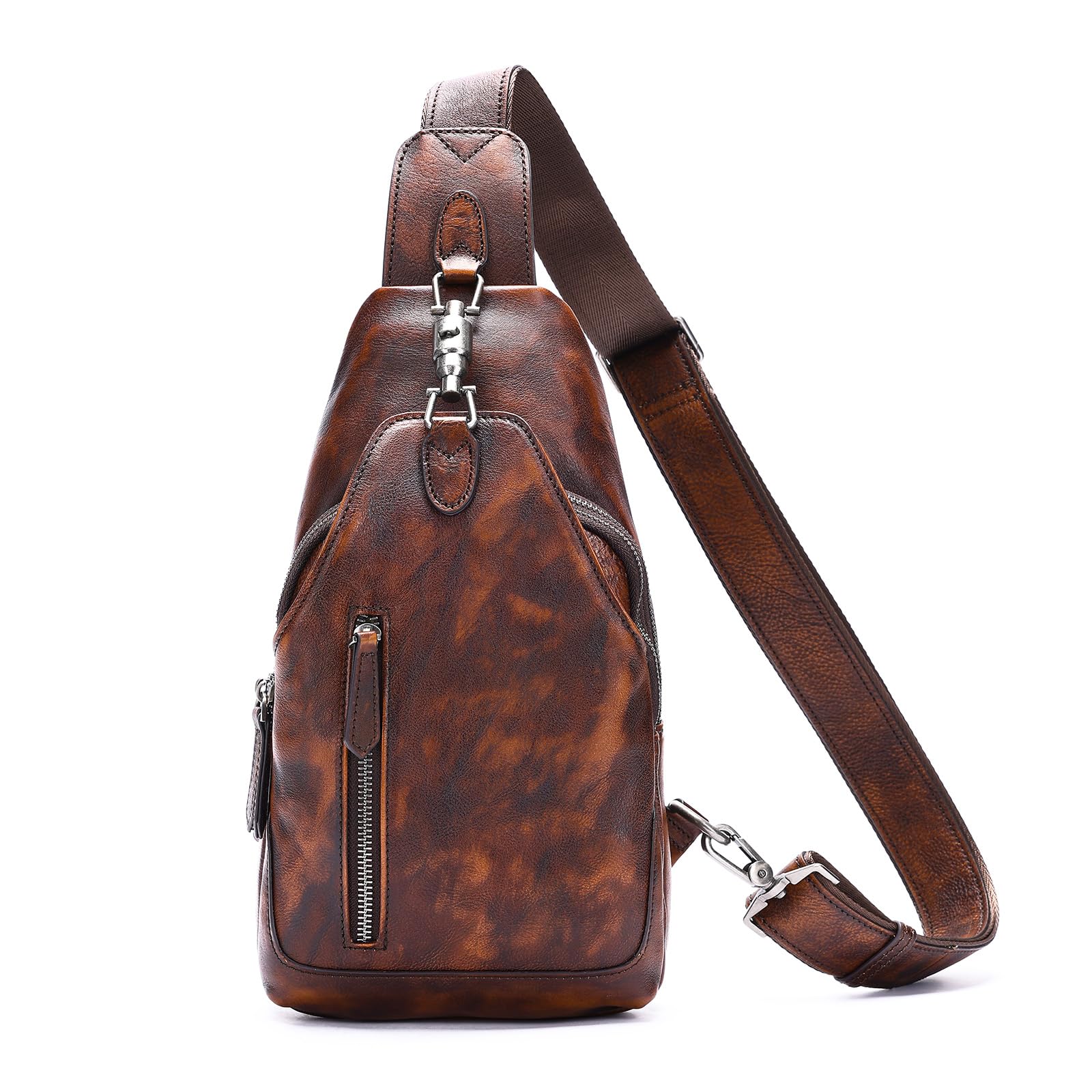 NIUCUNZH Genuine Leather Sling Bag - Vintage Metal-Latch Crossbody Shoulder Bag for Women & Men (Coffee Brown) | Handmade Leather Backpack for Travel, Work & Everyday Use