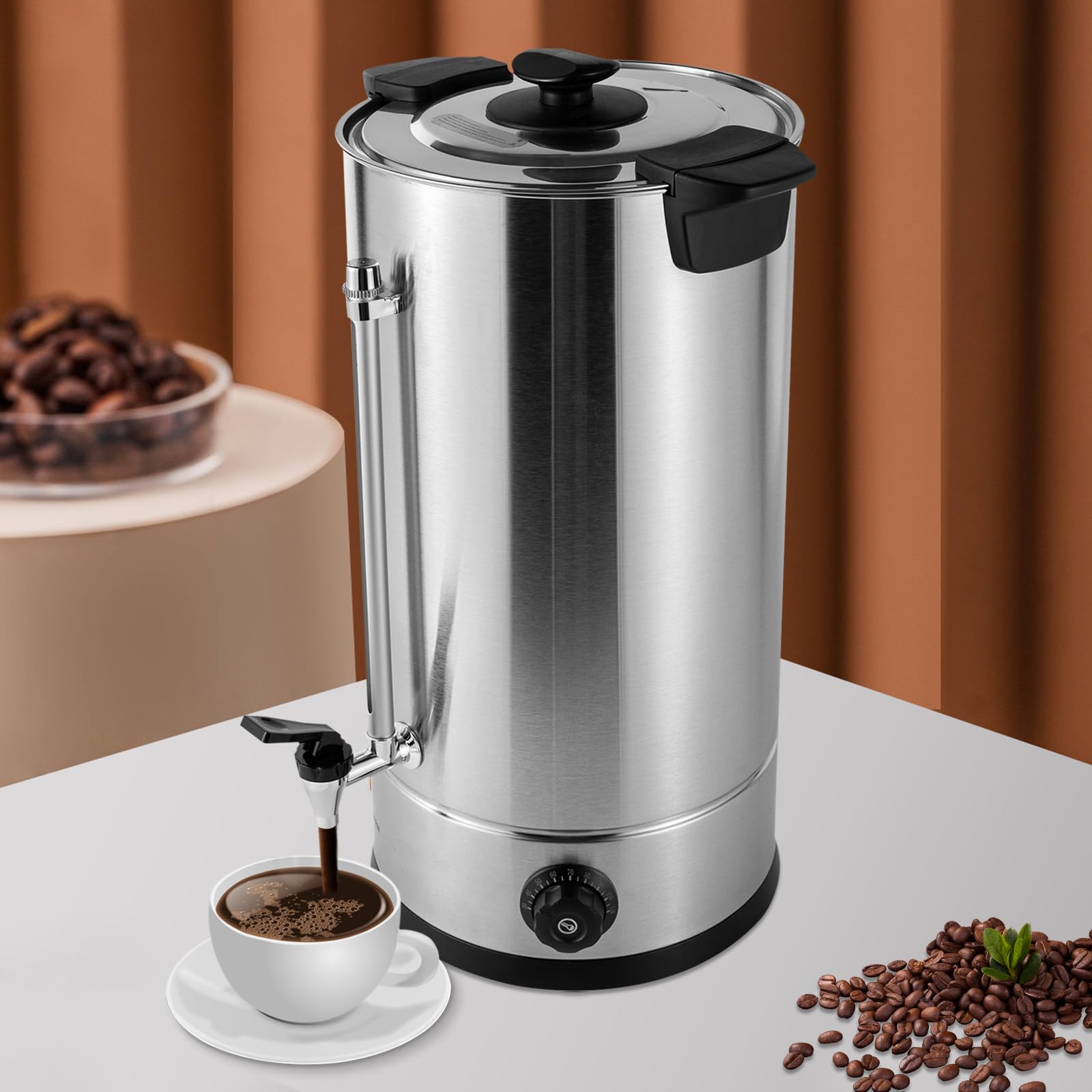 Commercial Electric Coffee Urn 1400W 25L (6.6 Gallon) Stainless Steel Coffee Maker with Temperature Control (30-110°C/86-230°F) - Perfect for Hot Coffee, Tea, Chocolate & Water Dispensing at Parties, Weddings, Offices & Home Use