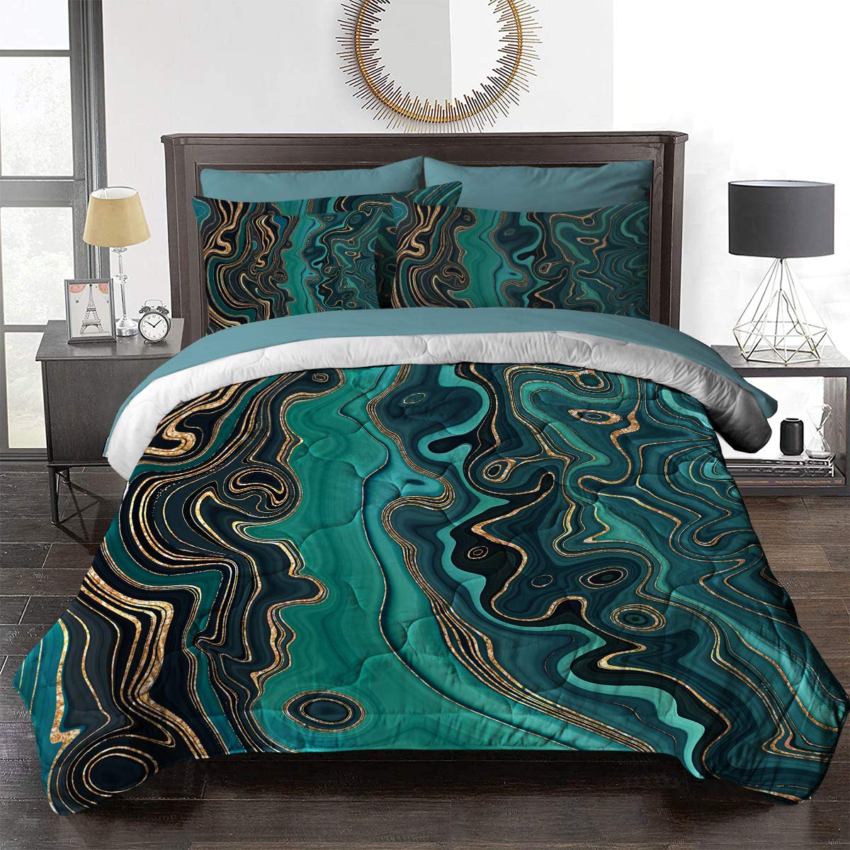 BlessLiving Modern Full Comforter Set - 8 Piece Green Marble Bed in a Bag with Comforter & Sheets | All Season Down Alternative Bedding for Adults, Women & Men | Perfect for Master Bedroom, Guest Room & Dorm Decor