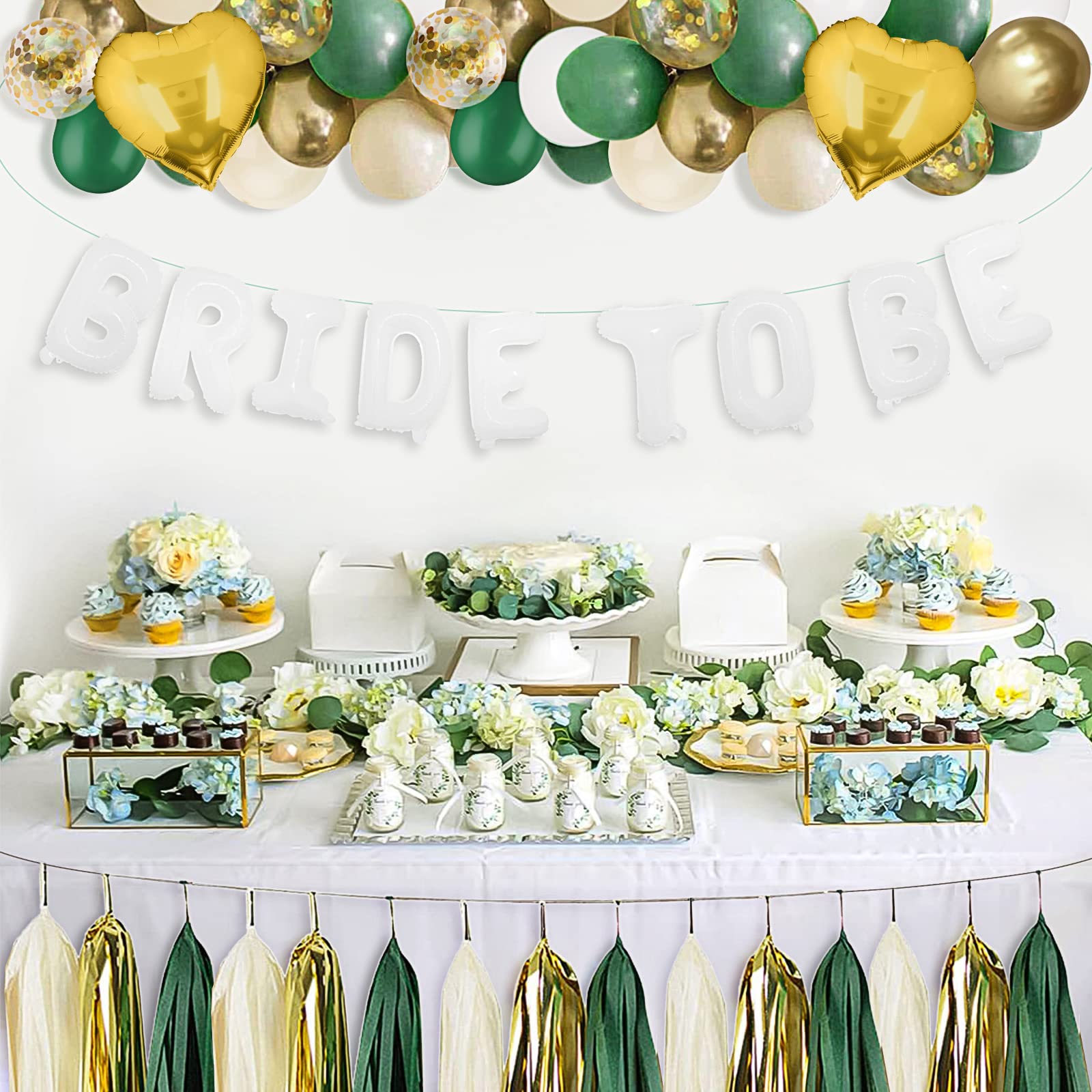 BLOOMIWIN Bachelorette Party Decorations Kit - Green Gold & White Balloons, Tassel Garland, Bridal Shower Decor for Bride to Be, Hen Party Accessories - Perfect for Wedding Showers, Birthday Parties & Girls' Night Celebrations