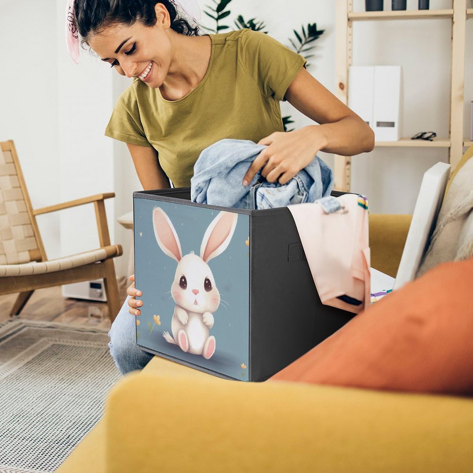 1PCS Foldable Storage Bins - Cute Cartoon Bunny Printed Large Capacity Storage Box with Handle - Home Office Playroom Organization for Toys, Books & Clothes (Multipurpose Storage Solution)