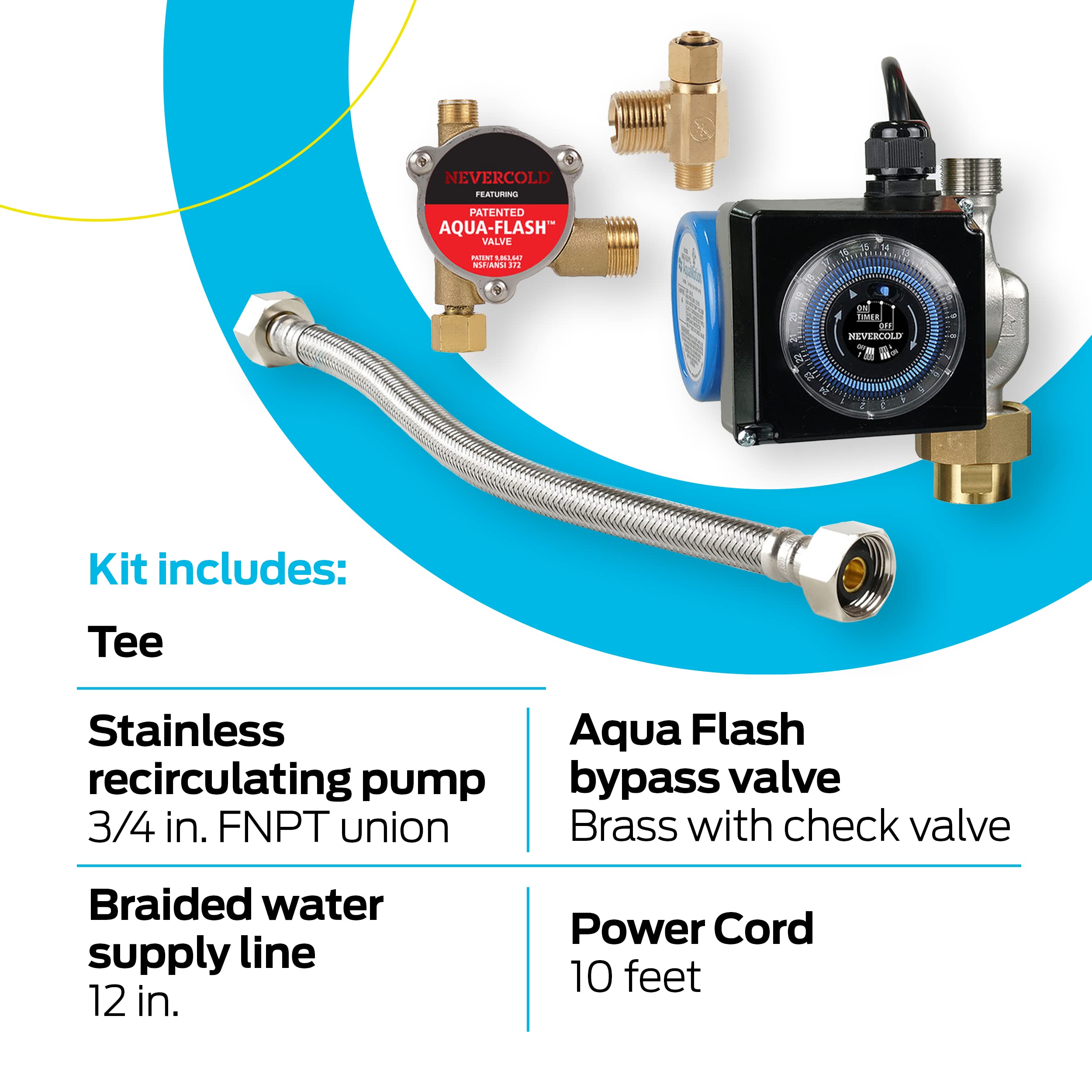 3/4 Inch Nevercold Universal Hot Water Recirculation Pump Kit - Brass Construction 70600 - Instant Hot Water for Showers, Sinks & Appliances