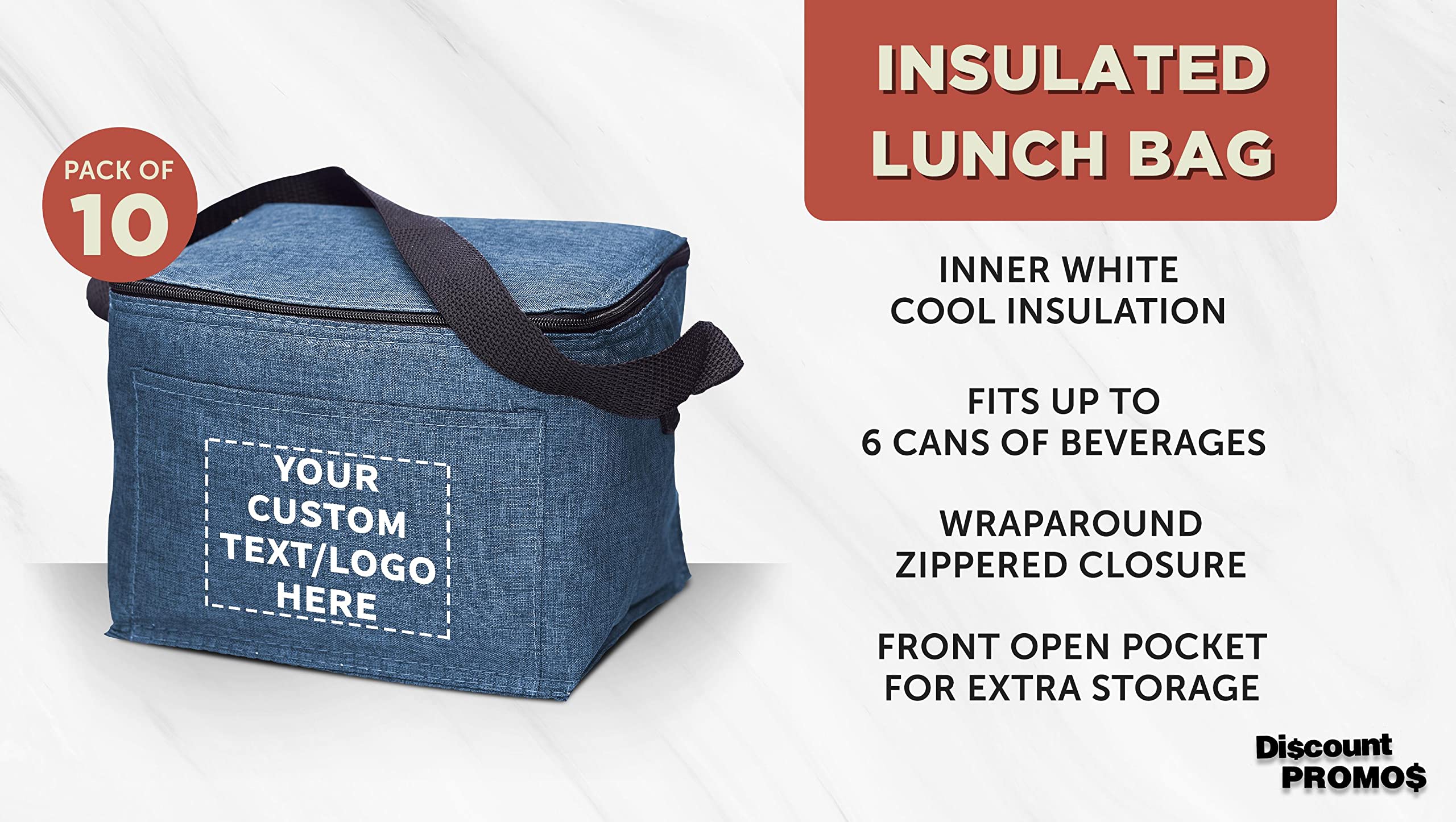 Custom Insulated Cooler Lunch Bag Set of 10 - Personalized Bulk Pack for Work, Travel & Outdoor Events - Reusable Blue Lunch Boxes for Office, Picnic, Camping & Beach Trips
