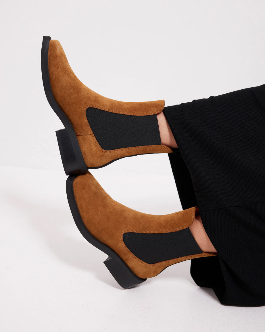 Stylish Coffee Suede Square Toe Chelsea Boots for Women - Comfortable Ankle Boots for Fall & Winter Fashion | Perfect for Office, Dating & Casual Outfits