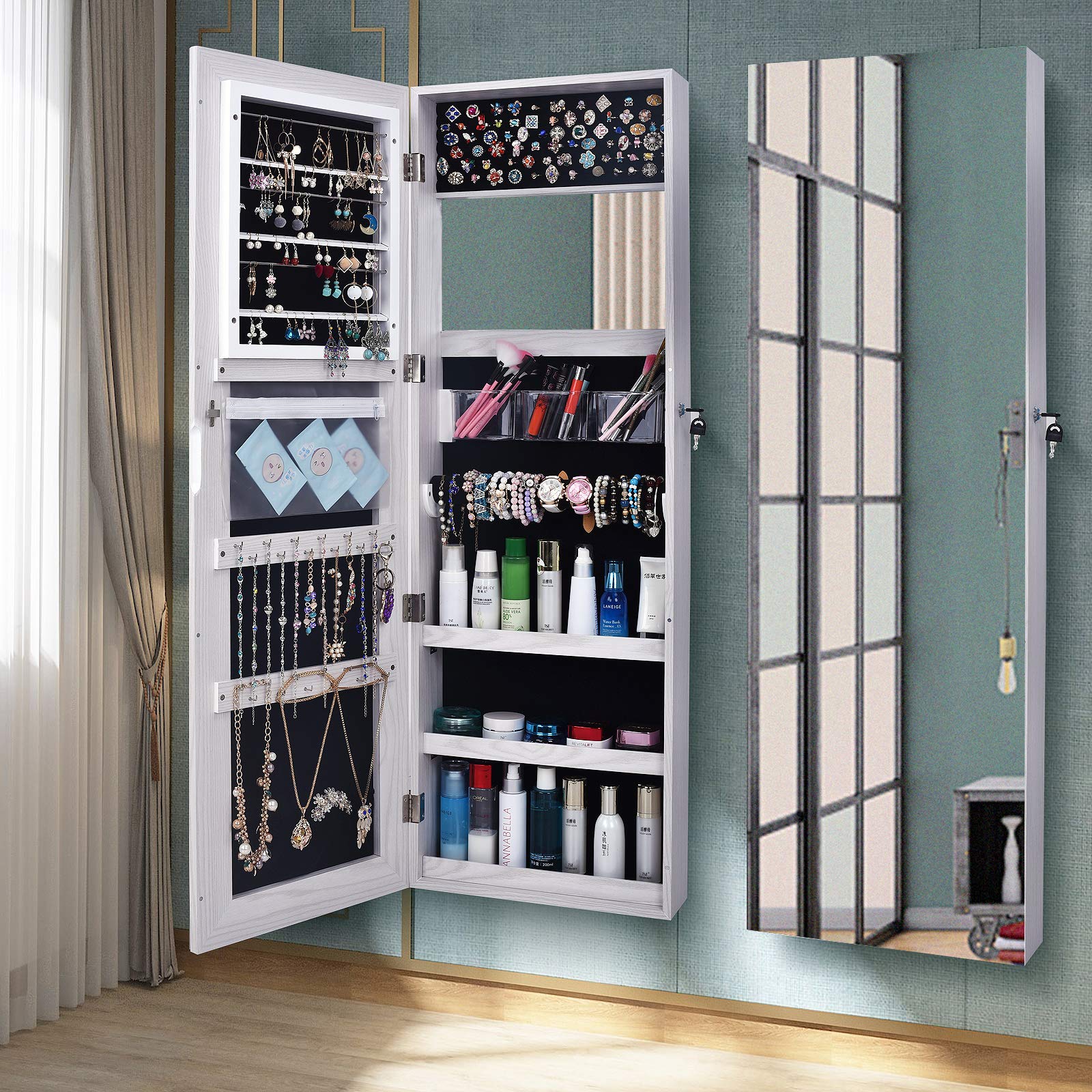 Full Length Mirror Jewelry Armoire with LED Lights - Wall Mounted White Jewelry Cabinet Organizer for Bedroom, Closet & Dressing Room