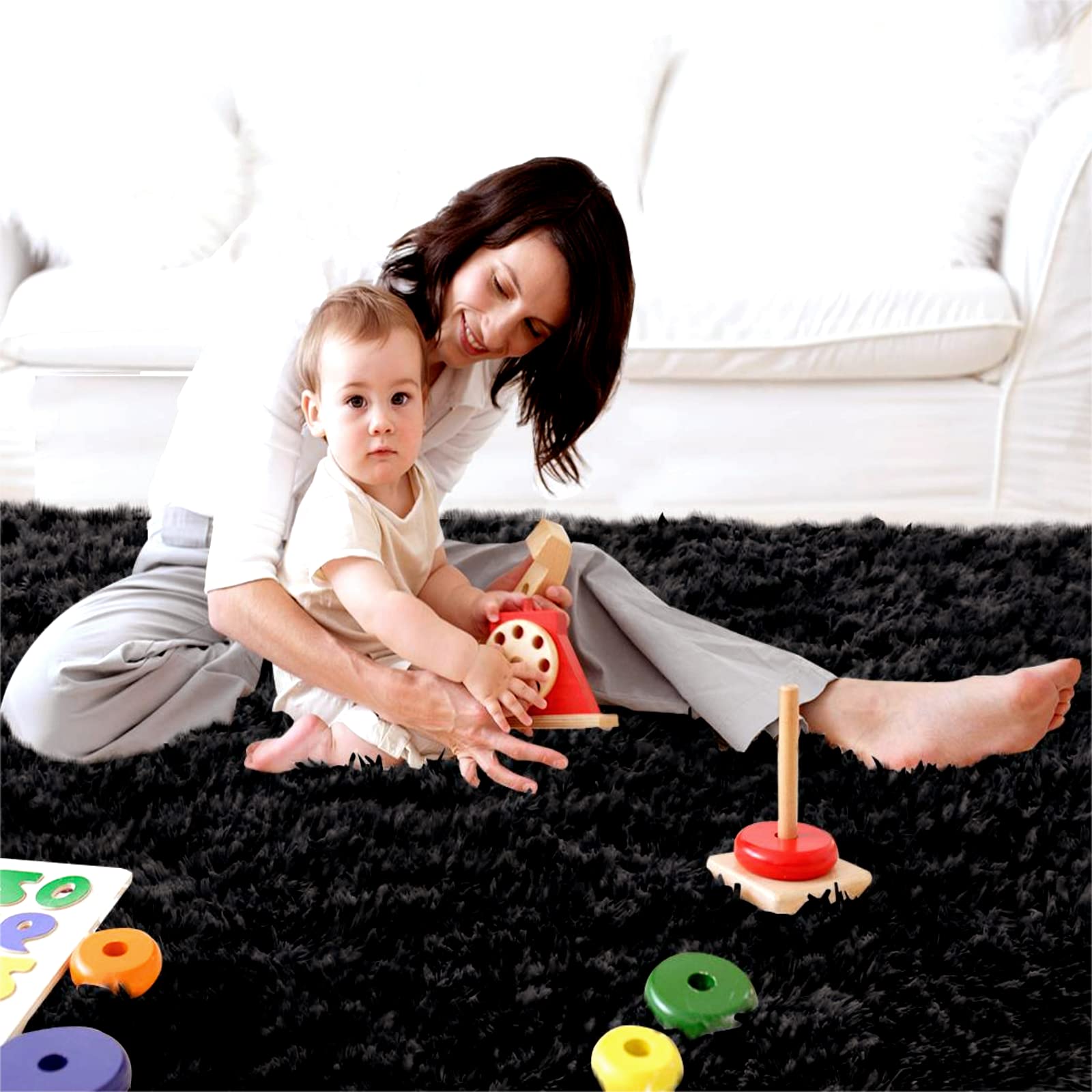 CAIYUECS Ultra Soft Shag Area Rug - Plush Faux Fur Rug for Bedroom, Living Room & Nursery - Non-Skid Modern Home Decor (8x10 Feet, Black) - Perfect for Kids Room, Cozy Floor Seating & Stylish Interior Design