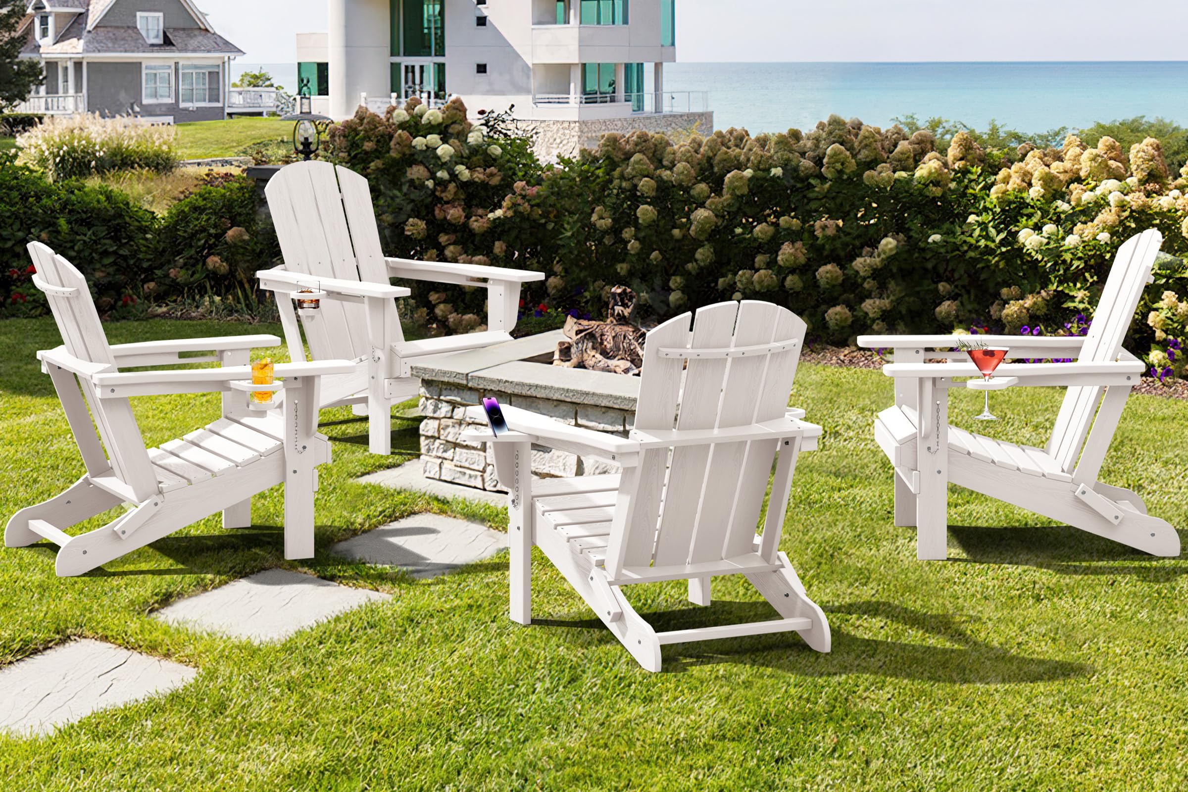 Premium SERWALL Adirondack Chair with Cup Holders - Durable HDPE Composite Outdoor Patio Furniture - All-Weather Resistant White Lounge Chair for Backyard, Poolside & Garden Relaxation