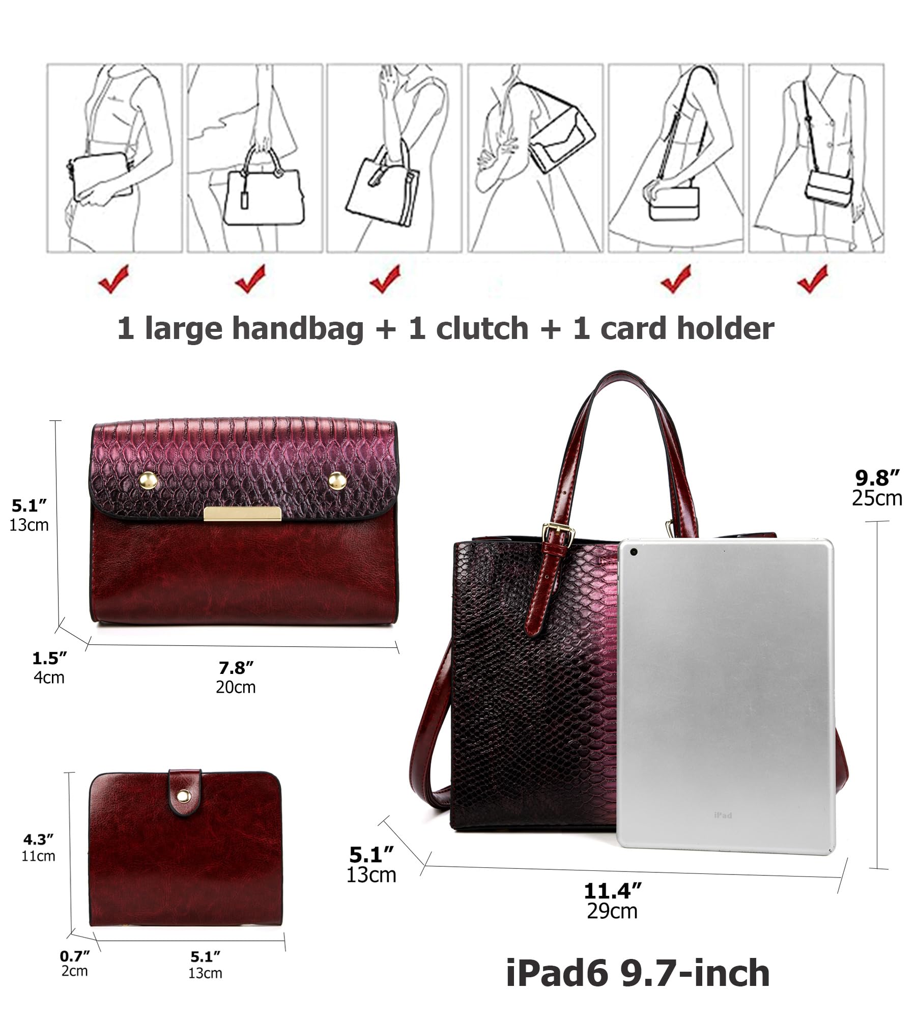 KingTo Women's Crocodile Pattern Leather Satchel Handbag Set - 3 Piece Stylish Tote & Shoulder Bag Purse for Work, Travel & Daily Use