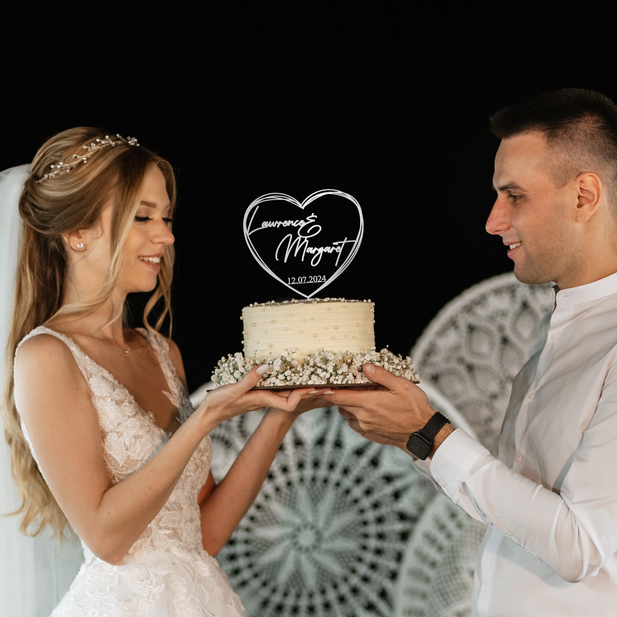 Custom Heart-Shaped Wooden Wedding Cake Toppers - Personalized Love & Anniversary Cake Decorations for Weddings, Anniversaries & Romantic Celebrations - CT06
