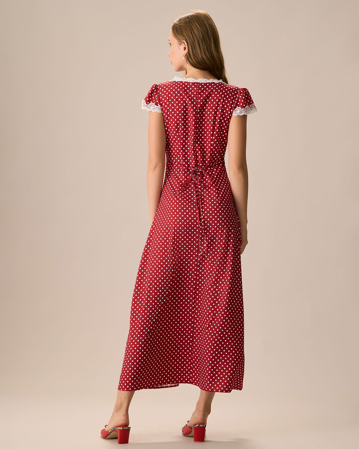Elegant Red V-Neck Polka Dot Lace Ruched Maxi Dress for Women - Perfect for Summer Weddings, Beach Vacations & Date Nights