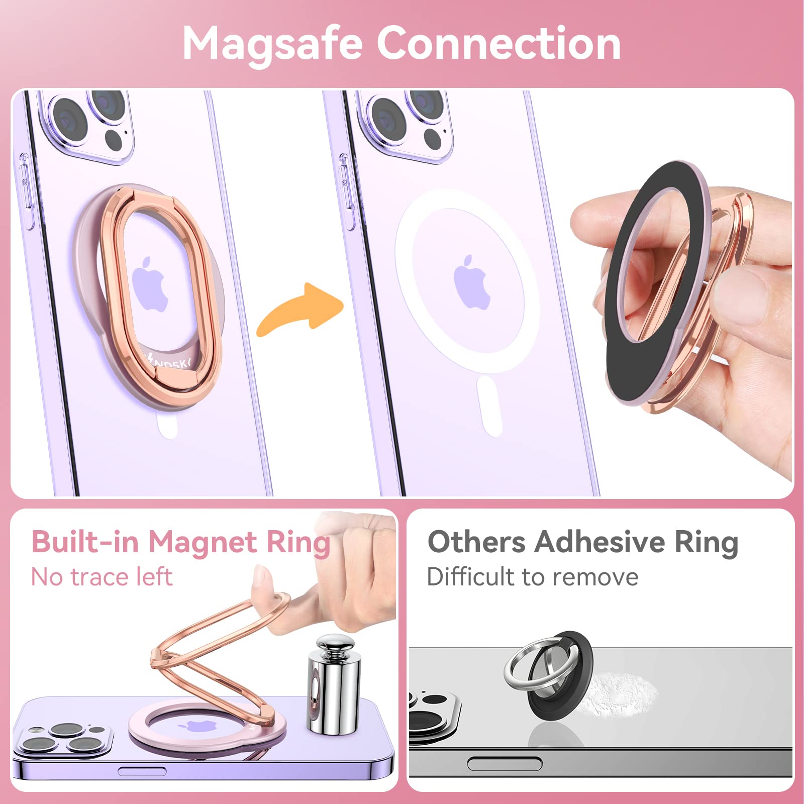 MINDSKY Magnetic Phone Stand & Grip - Compatible with iPhone 12/13/14/15 Mini/Pro/Pro Max, Removable Mag-Safe Ring Holder with Strong Magnet (Rose Gold Pink) - Perfect for Hands-Free Viewing, Gaming, and Video Calls