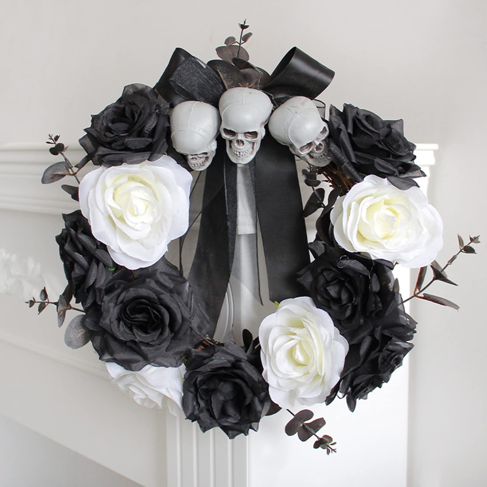Walbest Black & White Halloween Rose Wreath with Skeleton & Skull - Rattan Circle Front Door Decor for Halloween, Fall, Thanksgiving | Perfect for Porch, Entryway, and Party Decorations