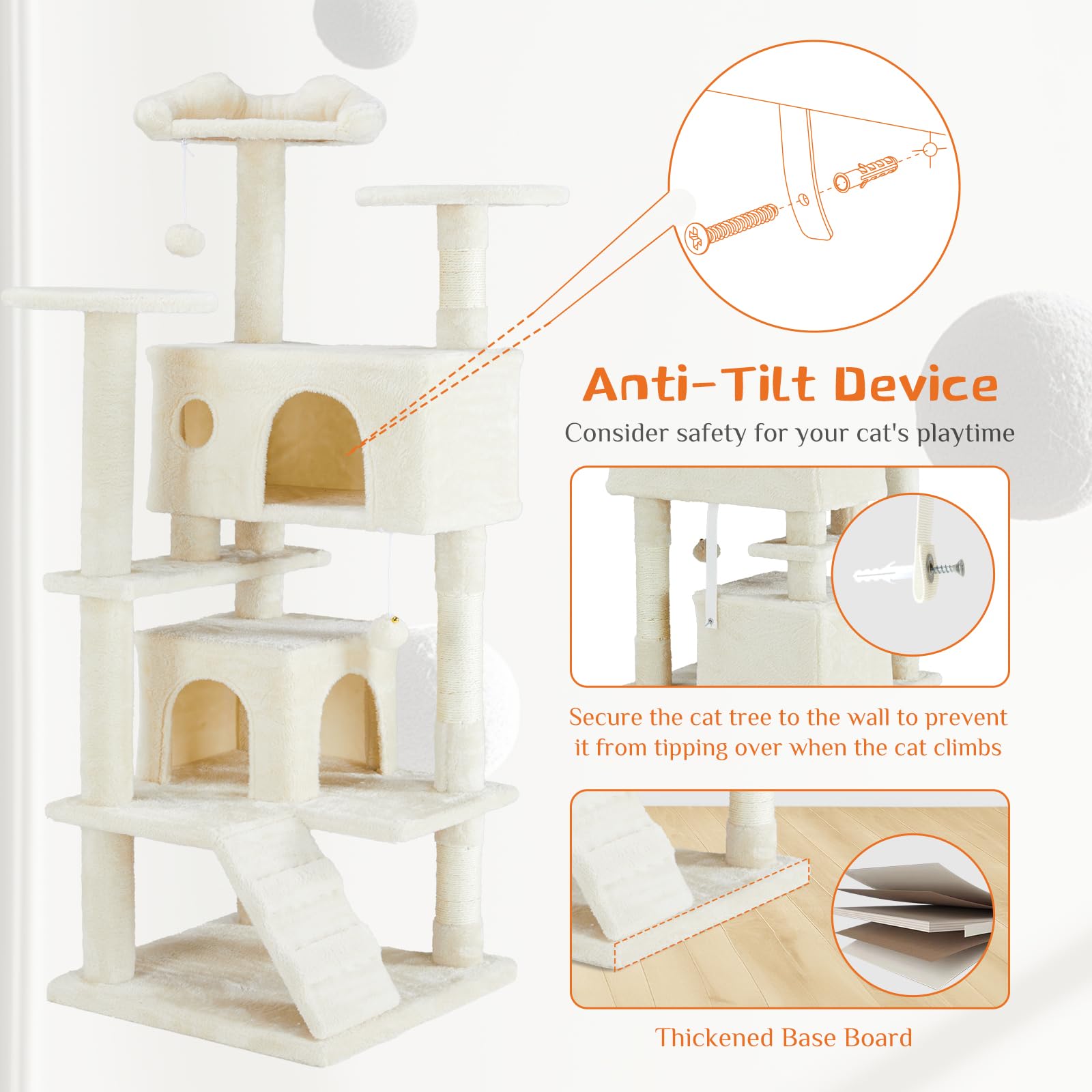 FluffyDream 54-Inch Multi-Level Cat Tree Tower for Indoor Cats - Large Cat Condo with Sisal Scratching Posts, Playhouse & Perches for Kittens & Adult Cats (Beige) | Perfect for Small Spaces, Apartments & Multi-Cat Households