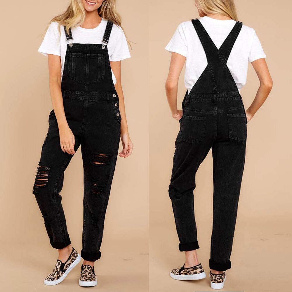 Cenlang Women's Black Ripped Denim Dungaree Overalls - Regular Fit Jumpsuit with Pockets | Casual Wear, Street Style, Workwear & Fashion Outfits
