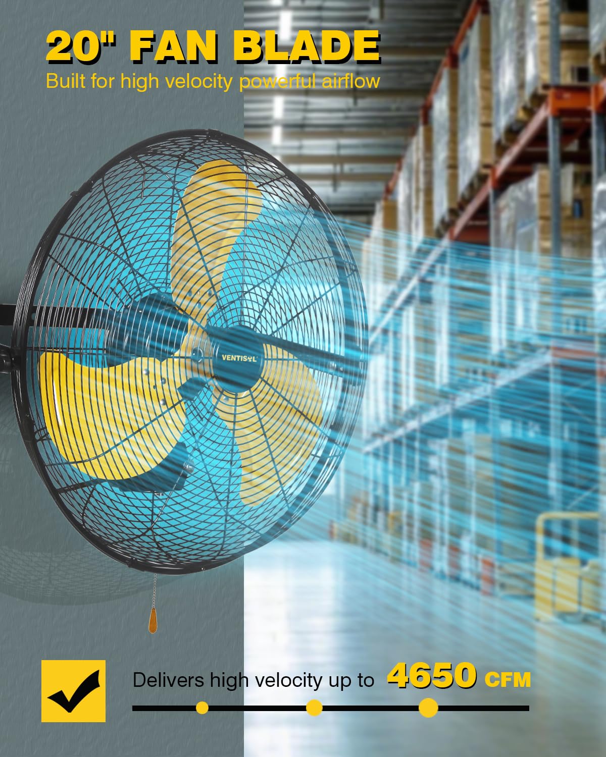 VENTISOL 20 Inch Waterproof Wall Mount Fan - High Velocity 4650 CFM, 3-Speed Industrial Fan for Home, Barn, Greenhouse, Warehouse - ETL Certified (Perfect for Cooling Large Spaces & Ventilation)