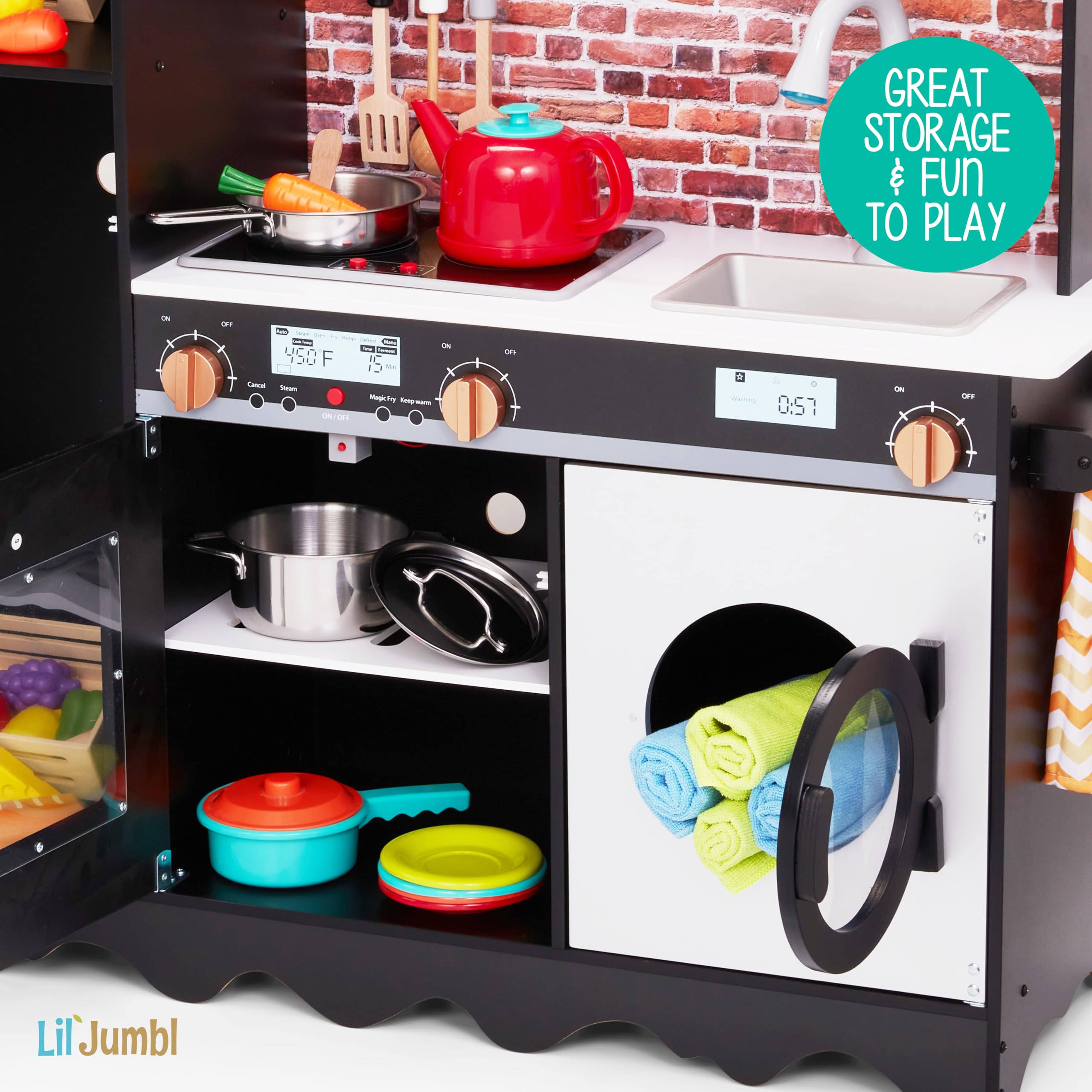 Lil' Jumbl Kids Wooden Play Kitchen Set with Realistic Sounds & Lights - Battery Operated Icemaker, Microwave, Stove, Oven & Range Hood - Includes Pots, Pans & Utensils - Perfect for Pretend Cooking & Role Play Games for Toddlers & Preschoolers