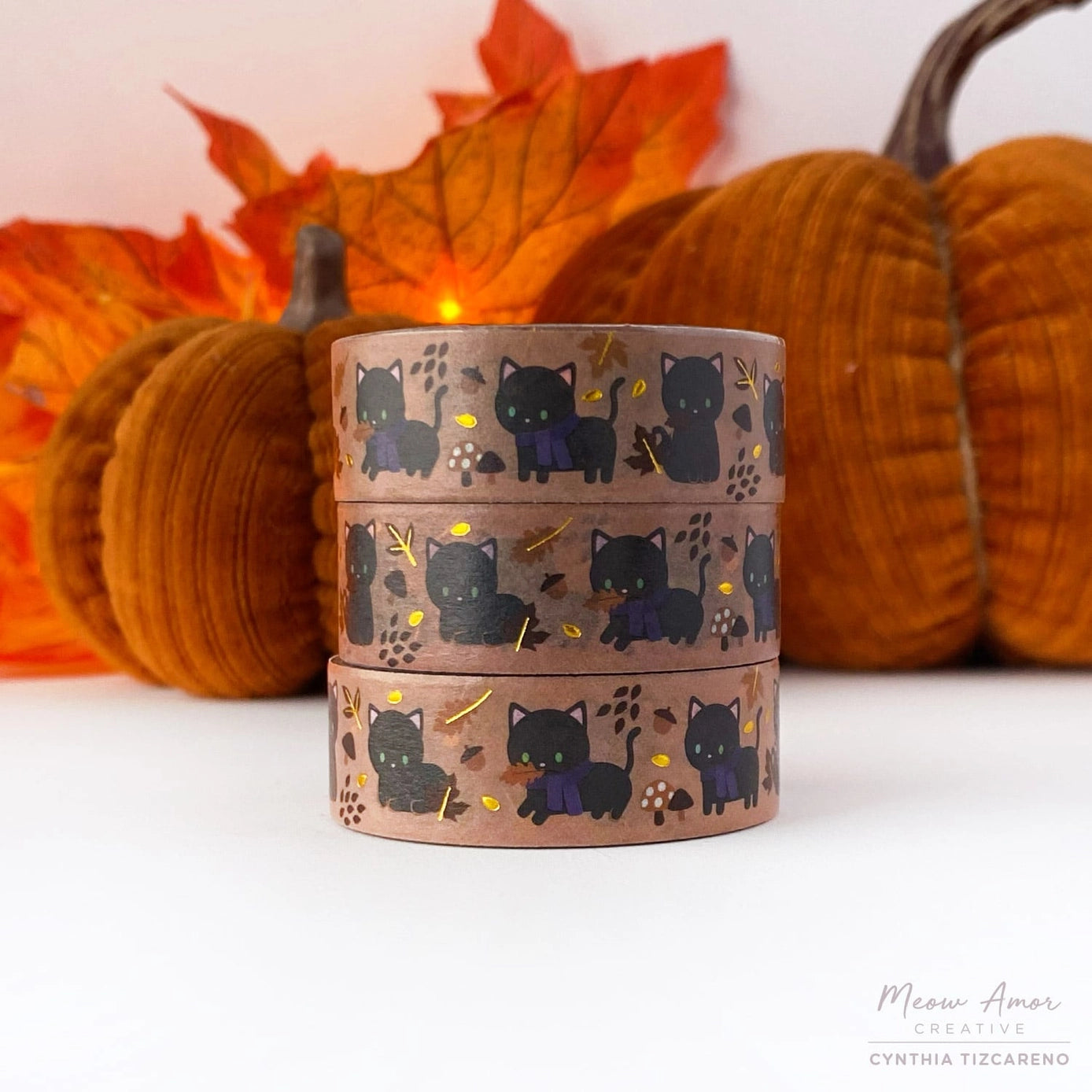 Autumn Black Cat Gold Foil Washi Tape - Decorative Japanese Paper Tape for Scrapbooking, Journaling, Gift Wrapping & DIY Crafts