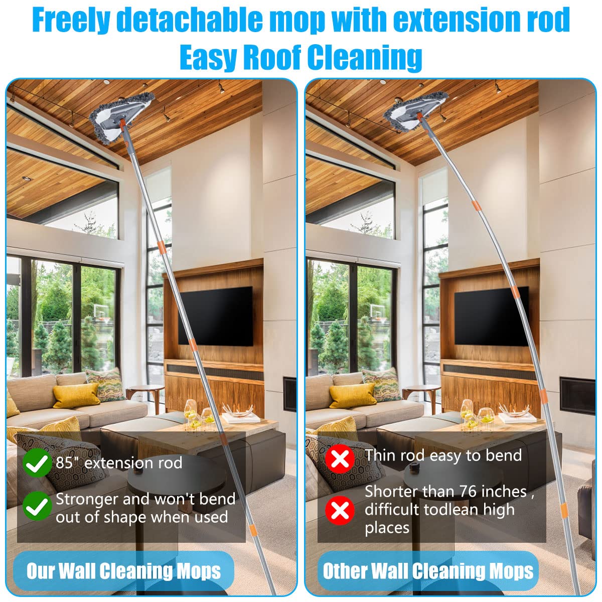 82 Inch Extendable Wall Mop with 360° Rotating Head - Long Handle Ceiling & Window Cleaner Kit - Adjustable 39.8-82 Inch Pole for Walls, Baseboards & Hard-to-Reach Areas - Perfect for High Ceilings, Windows & Home Deep Cleaning