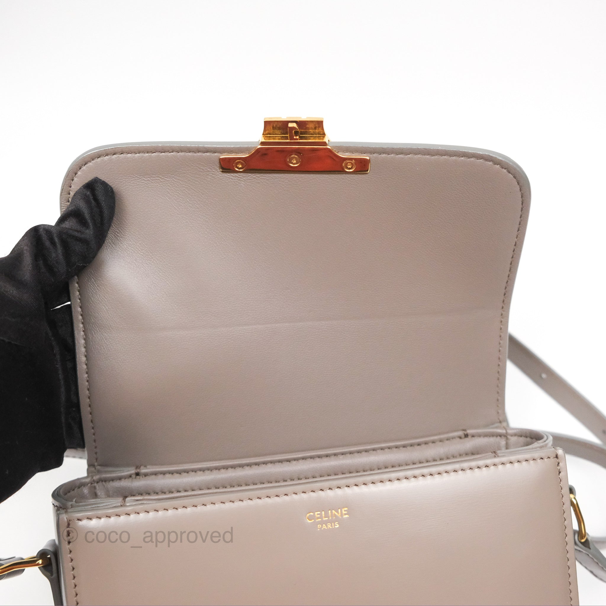 Celine Teen Triomphe Bag in Shiny Calfskin Leather with Pebble Gold Hardware - Perfect for Work, Travel & Evening Events