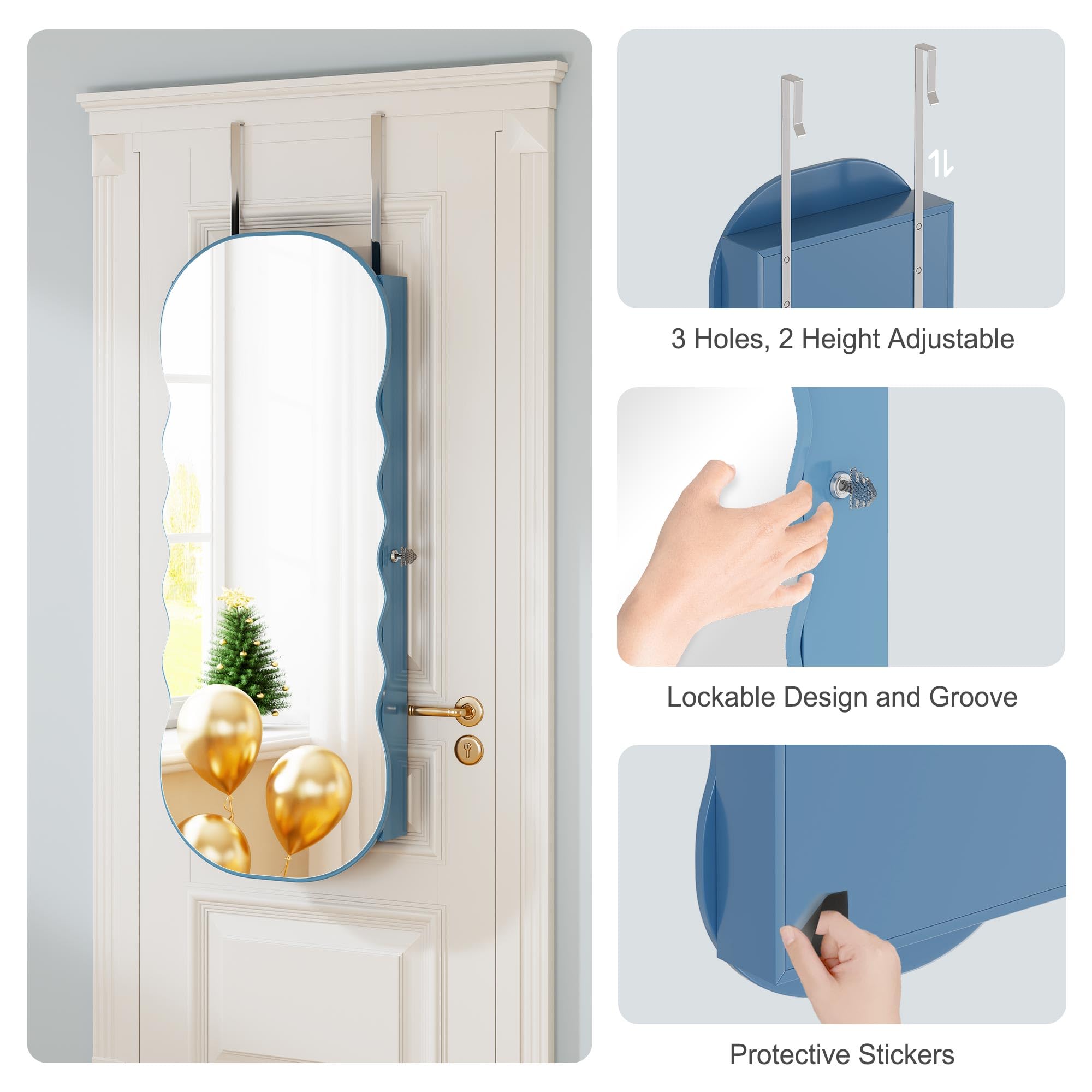HNEBC LED Mirror Jewelry Cabinet - Wall/Door Mounted Jewelry Armoire Organizer with Lights & Lock - 42.5