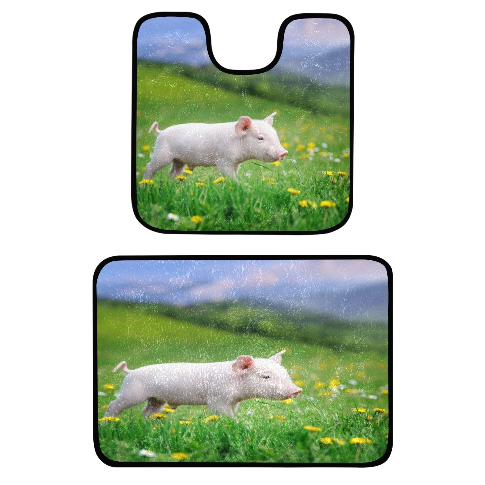 Blueangle Young Pig Bathroom Rugs Set - 2 Piece Non-Slip Microfiber Bath Mat & U-Shaped Toilet Rug, Soft Absorbent Plush Shower Mat for Tub, Bathroom Floor - Perfect for Kids' Bathrooms, Nursery Decor & Cozy Home Spa Experience