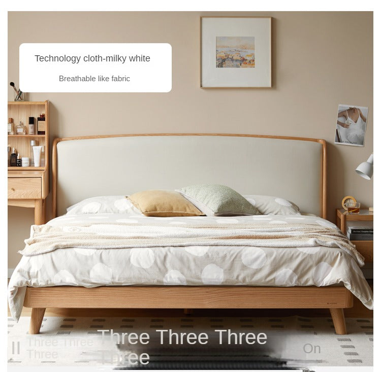 Premium Solid Oak Wood Bed Frame with Genuine Leather Headboard & Tech Fabric Upholstery - Modern Bedroom Furniture for Master Suite, Guest Room, or Apartment