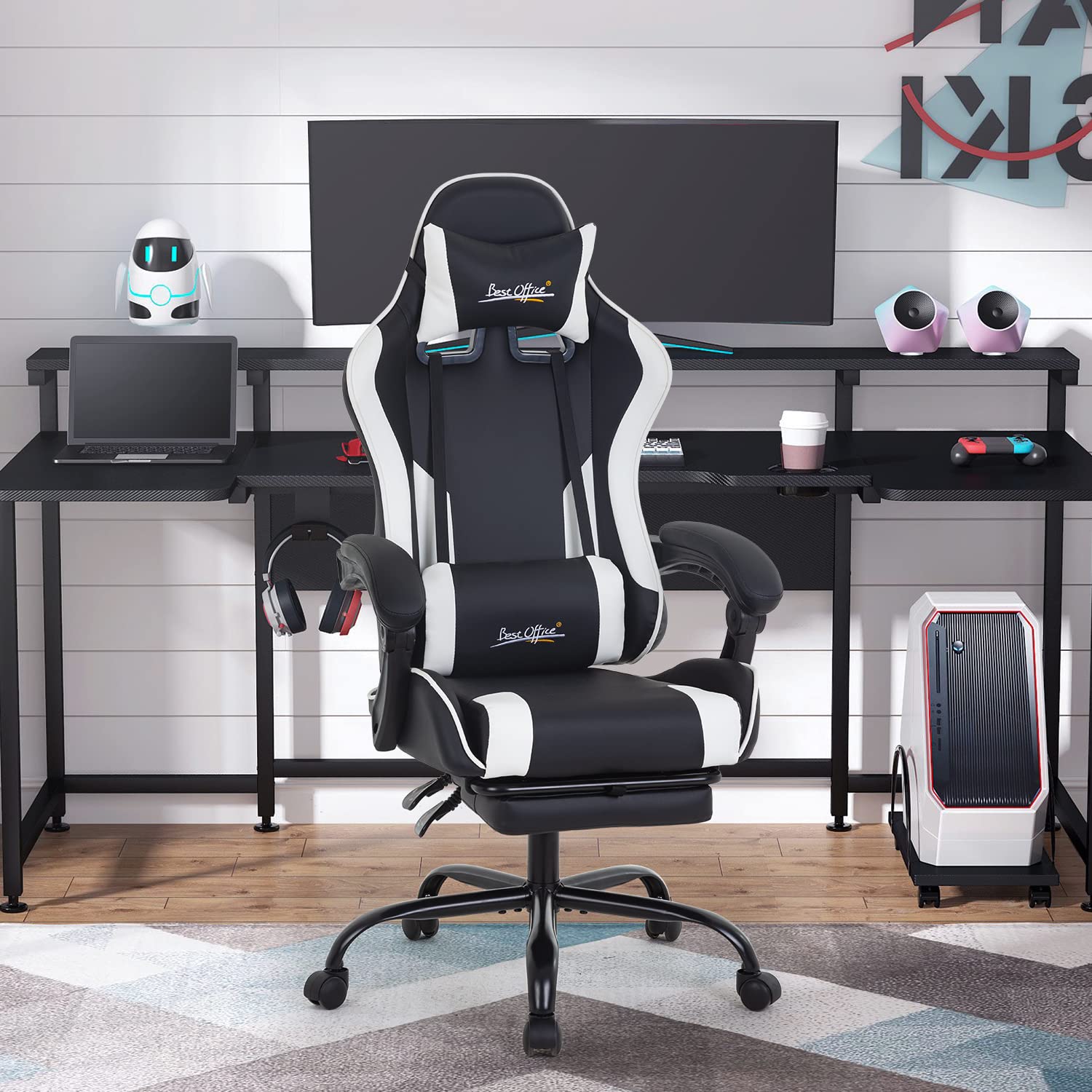 Ergonomic Gaming Chair with Lumbar Support & Headrest - Adjustable PC Gamer Chair with Footrest, Armrests & Swivel Base - Comfortable Office Desk Chair for Esports & Home Workstation (White) - Perfect for Long Gaming Sessions & Remote Work