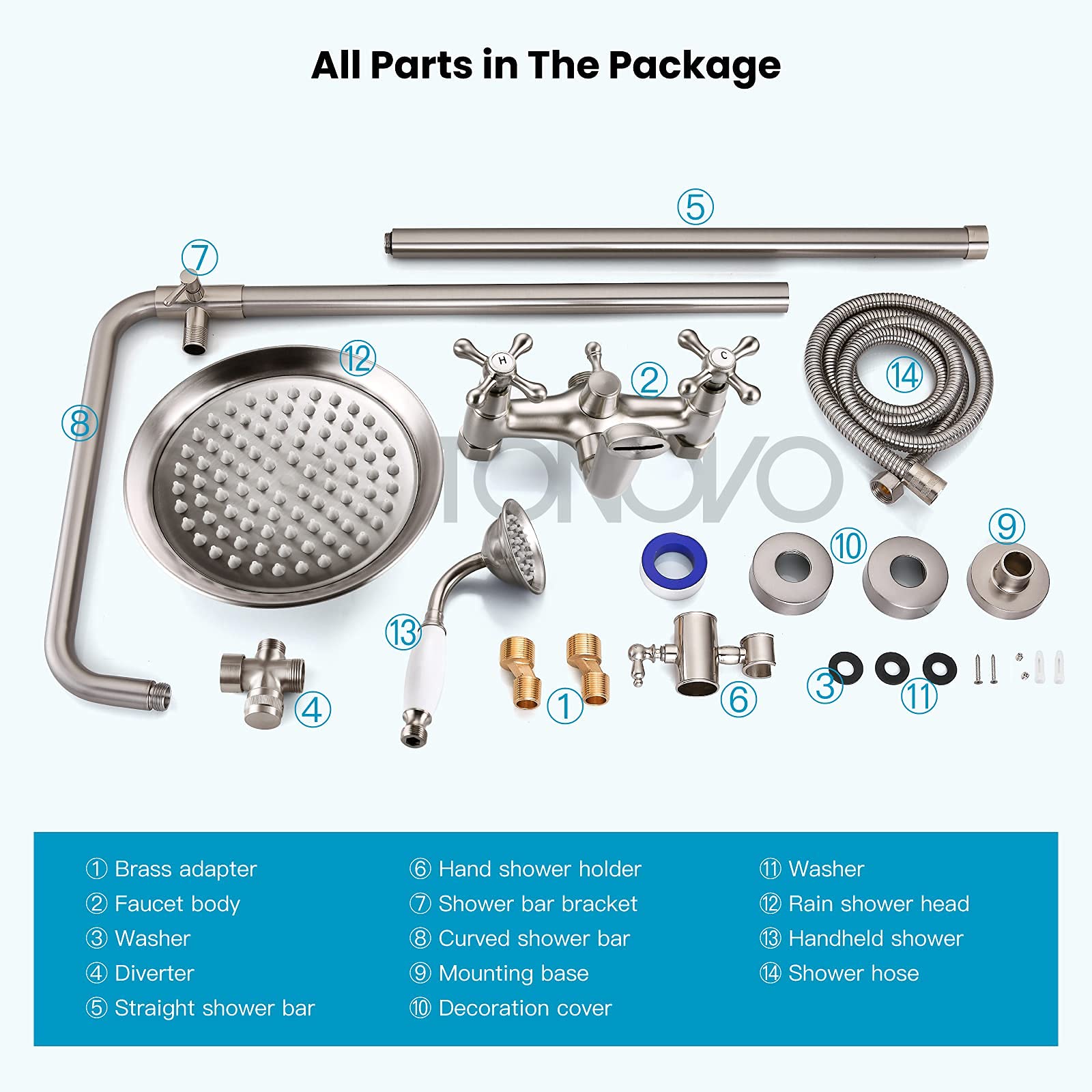 Gotonovo 8 Inch Rainfall Shower System - Brushed Nickel Wall Mount Exposed Shower Faucet with Tub Spout, Handheld Spray & Double Cross Handles (No Shelf) - Perfect for Outdoor Showers, Bathroom Renovations & Spa-Like Experience