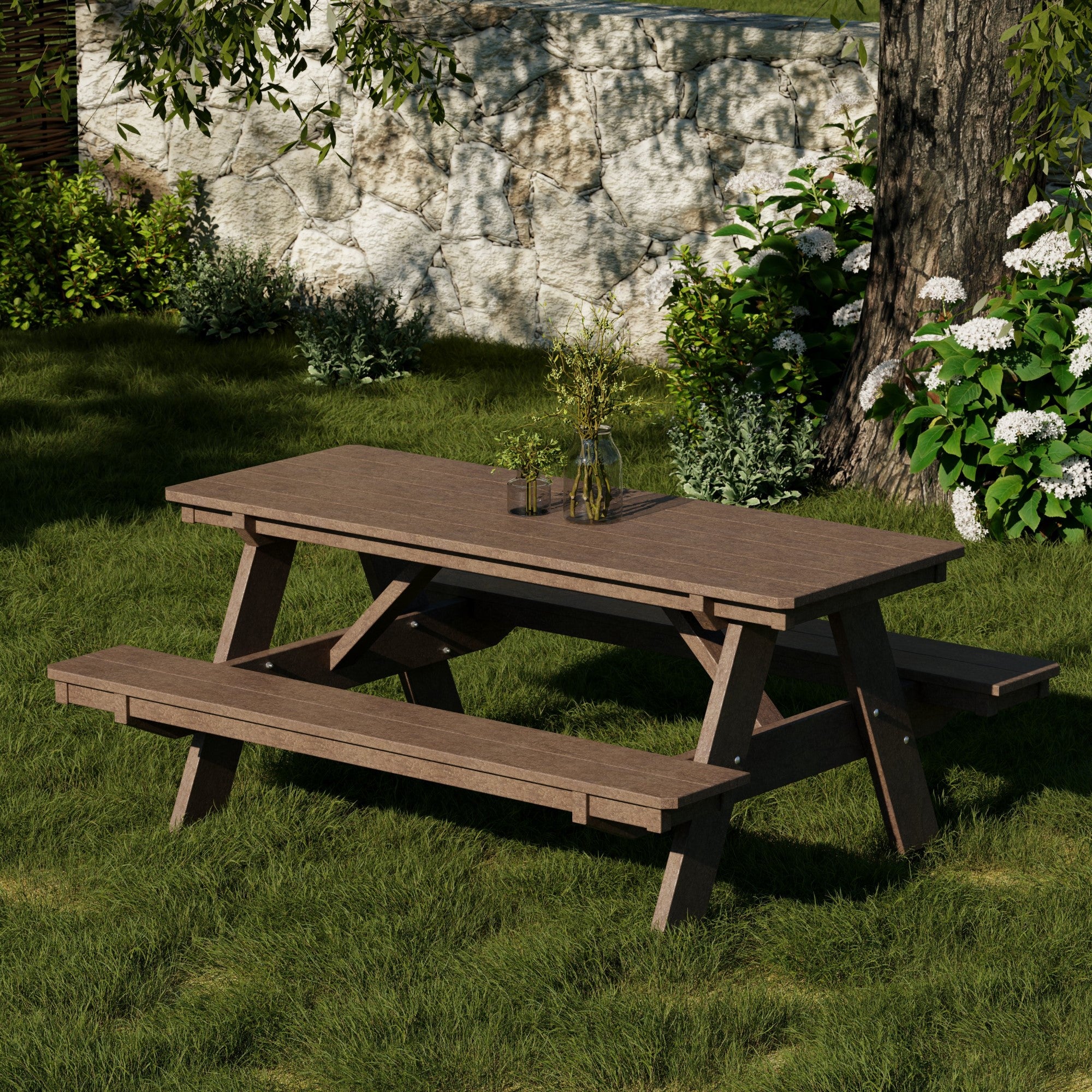 Heritage 72 Inch Outdoor Picnic Table with Attached Benches - Durable All-Weather Patio Furniture for Backyard, Garden, and Park Gatherings