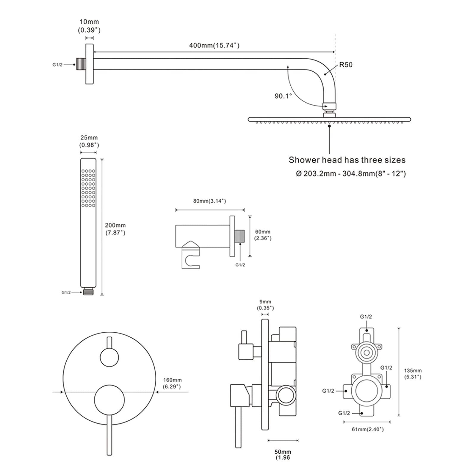 Brass Shower System Set with Diverter Valve - Ultra Thin Round Rainfall Shower Head & Handheld Spray - 10 Inch Bathroom Shower Combo for Modern & Luxury Bathrooms