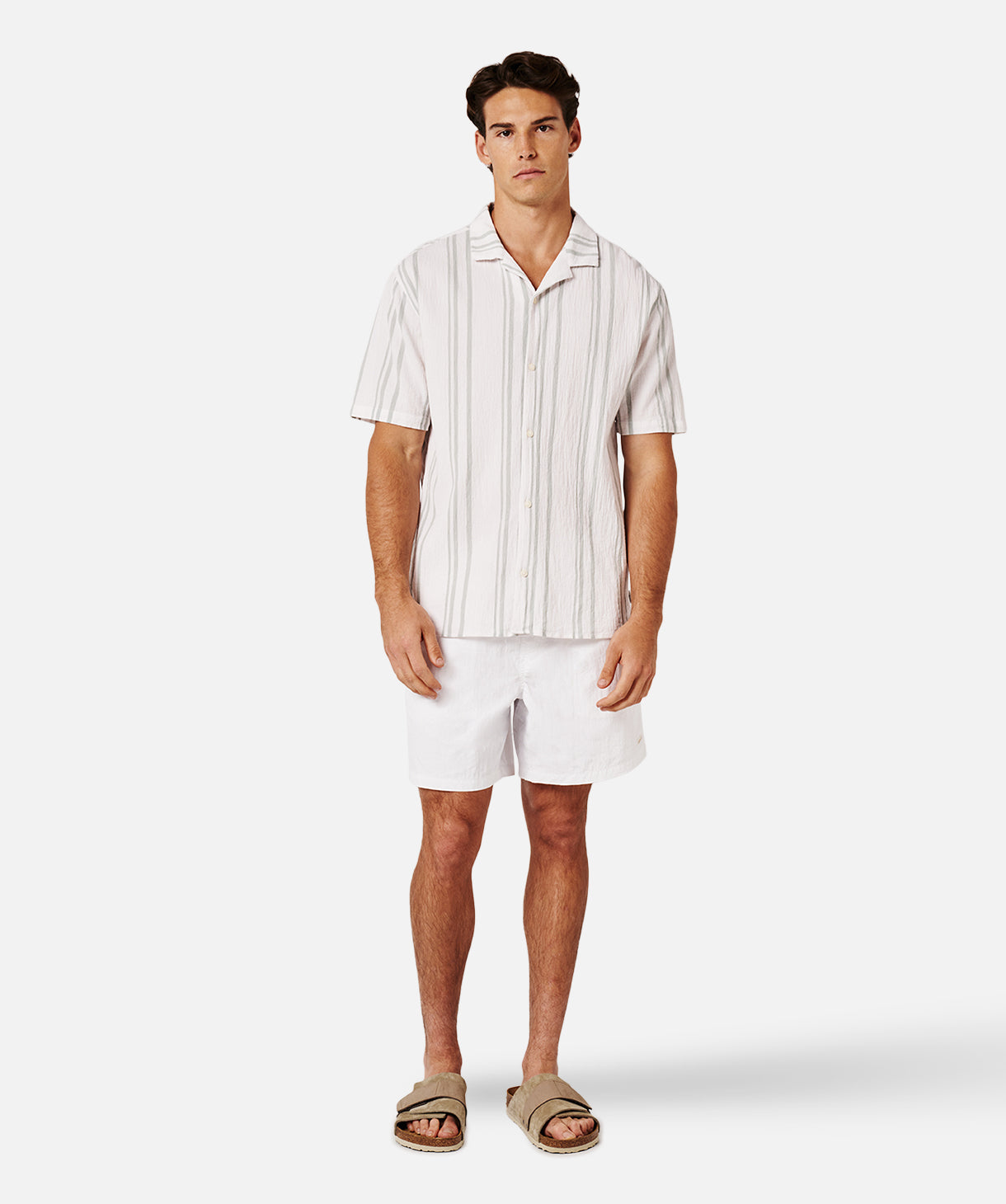 Stylish Striped Magna Short Sleeve Shirt for Men - Off White & Sage Green Casual Wear | Perfect for Summer Outfits, Beach Vacations & Weekend Getaways