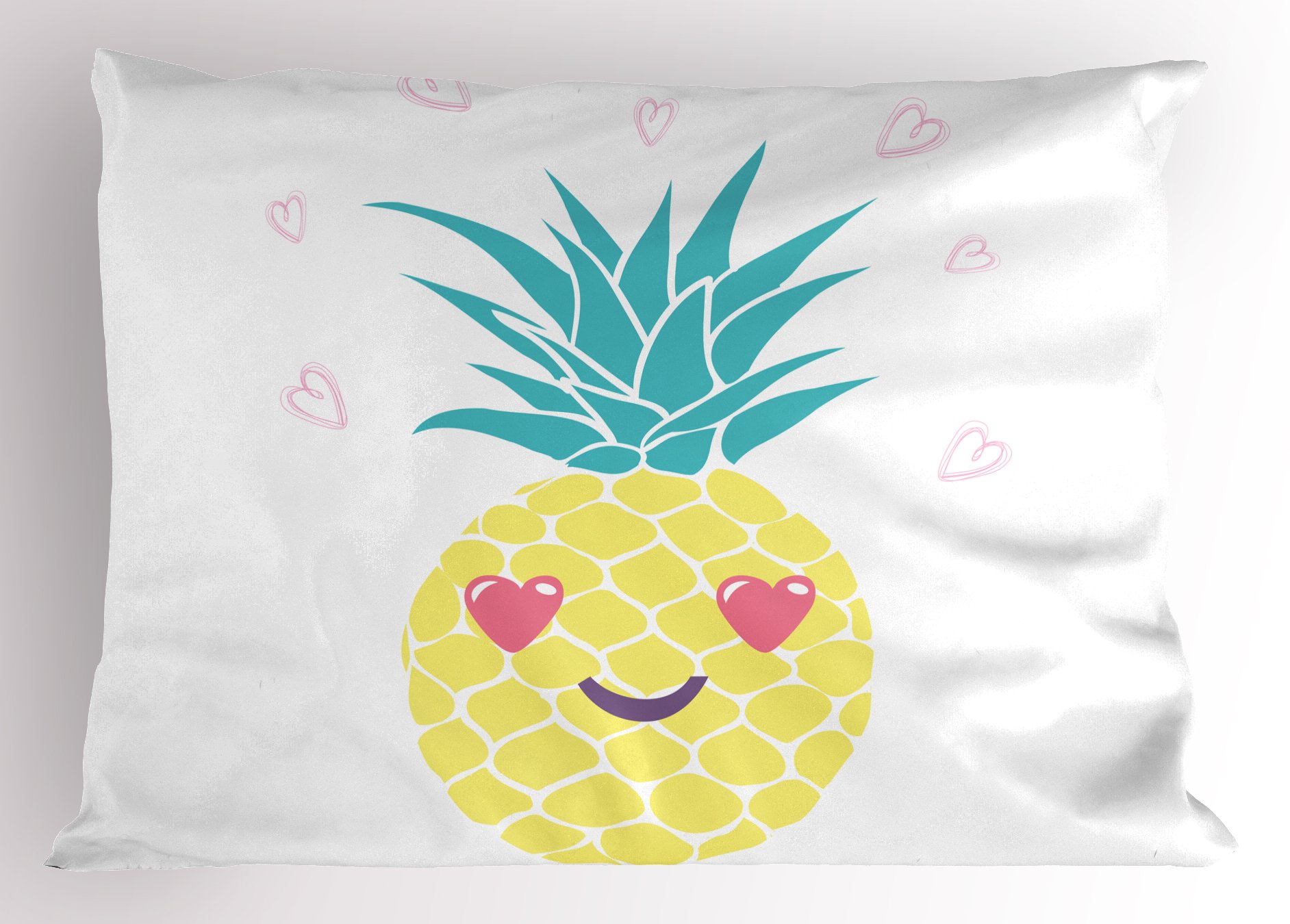 Ambesonne Tropical Pineapple Pillow Sham - King Size 36x20 Inch, Decorative Printed Pillowcase with Smiling Heart Eyes Design | Perfect for Beach House Decor, Tropical Bedroom Theme & Summer Home Accessories