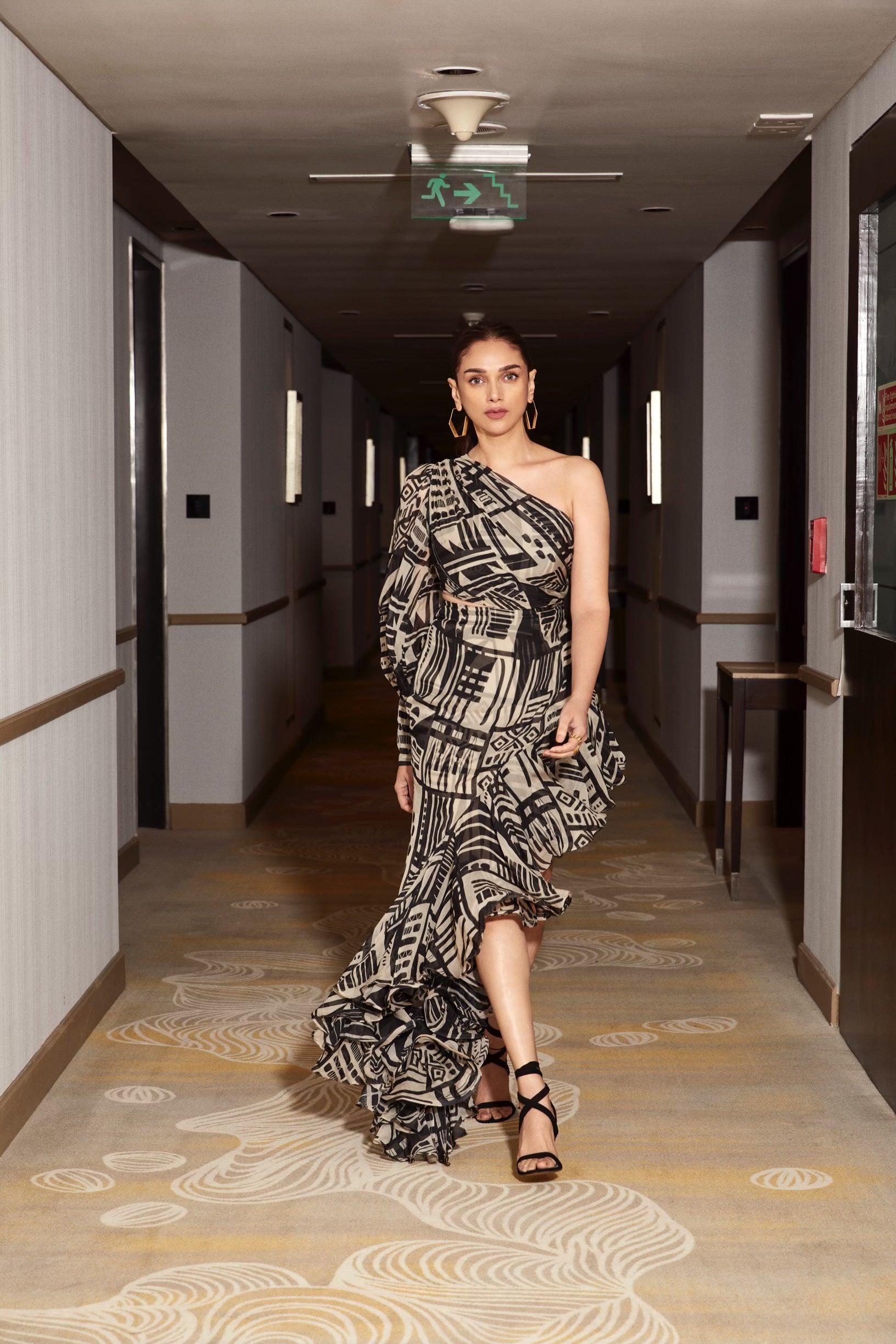 Aditi Rao Hydari White Abstract Print Ruffle Skirt Top & Belt Set - Women's Fashion Outfit for Party, Wedding & Special Occasions
