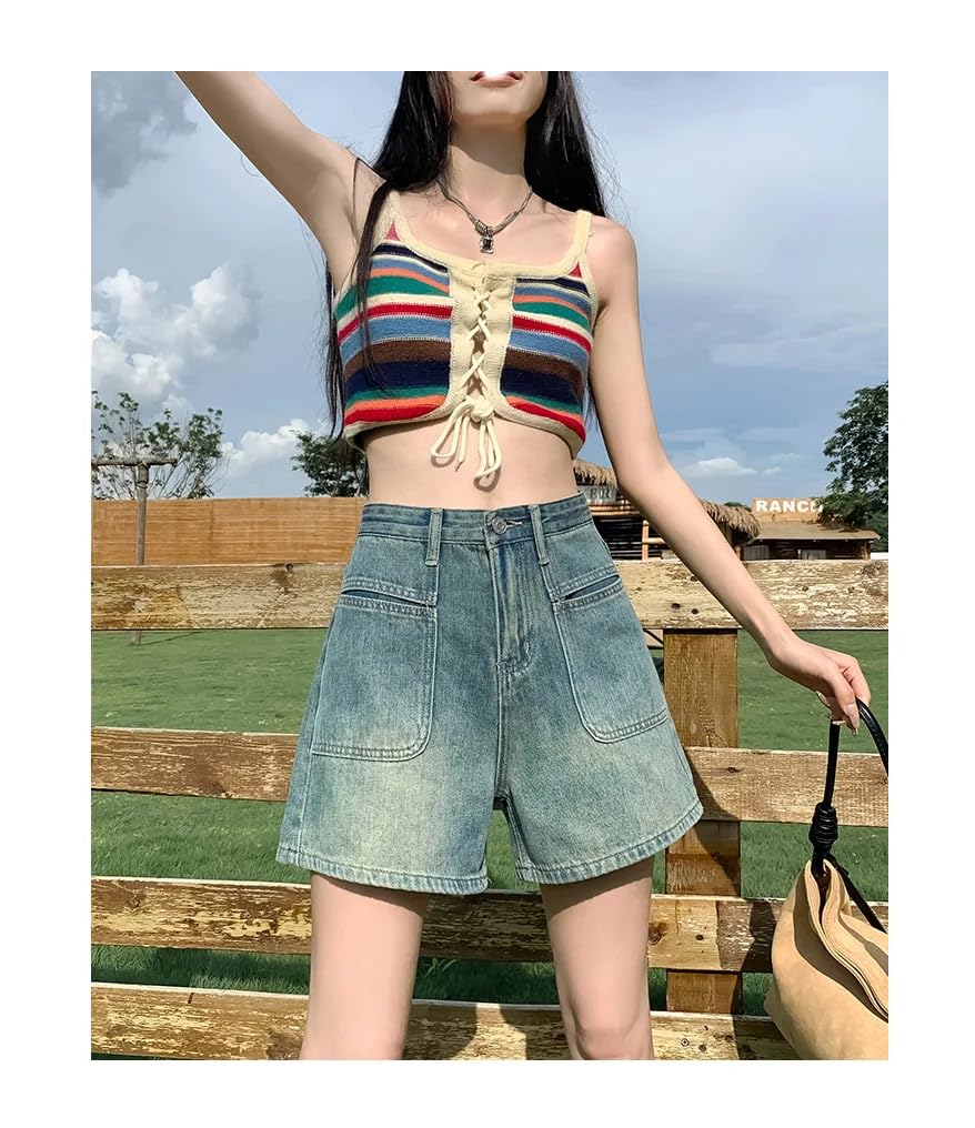 Women's High Waist Denim Shorts - Retro Loose Fit Straight Leg Wide Leg Blue Jeans with Minimalist Pockets | Perfect for Summer Outfits, Casual Wear & Street Style Fashion