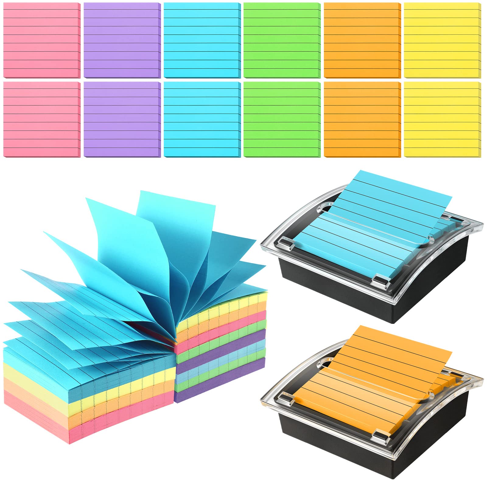 14-Pack Pop-Up Sticky Notes with 2 Dispensers - Black Base Clear Top Memo Pad Holder - 3x3 Inch Blank Adhesive Notes Refills for Office, School & Home - Assorted Colors - Perfect for Desk Organization, Study Notes & Work Reminders