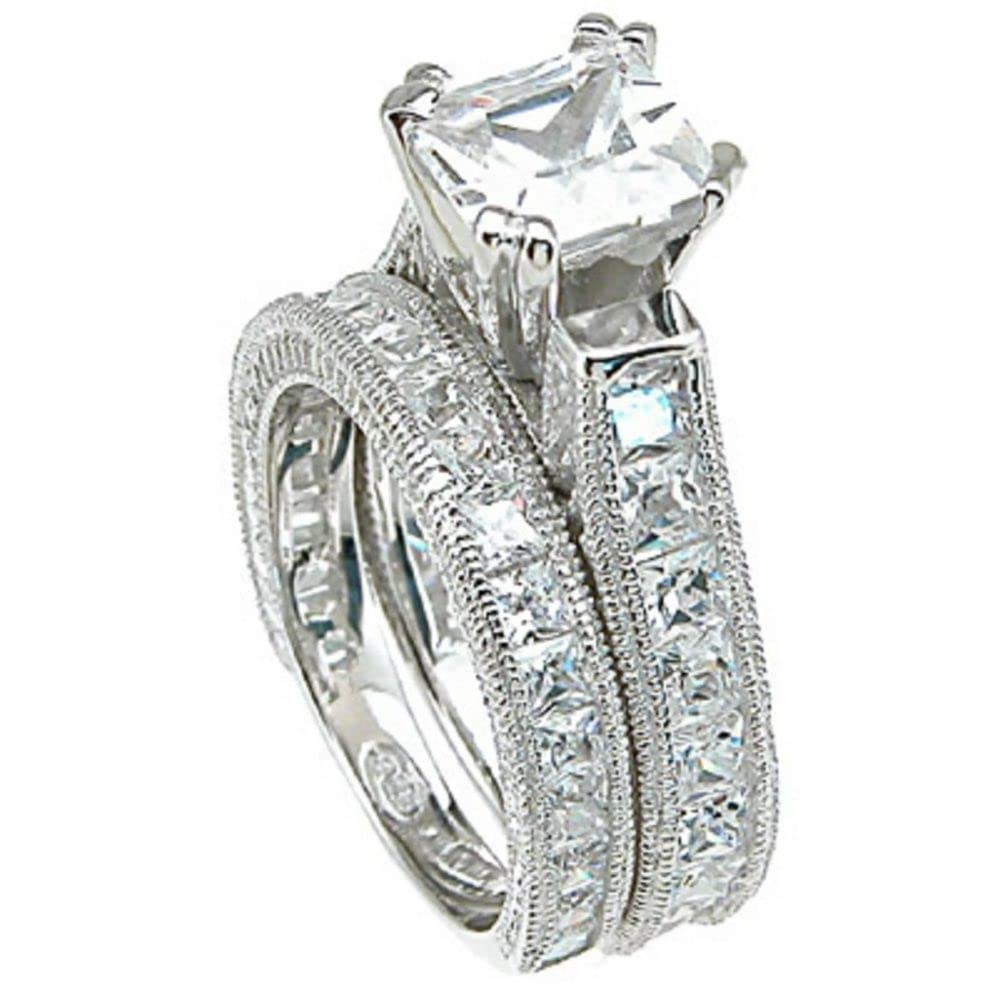 3 Ct Princess Cut Diamond Wedding Ring Set - 14K White Gold Plated & 925 Sterling Silver His & Her Matching Bands - Handmade Anniversary, Engagement & Promise Rings - Perfect for Weddings, Proposals & Romantic Gifts