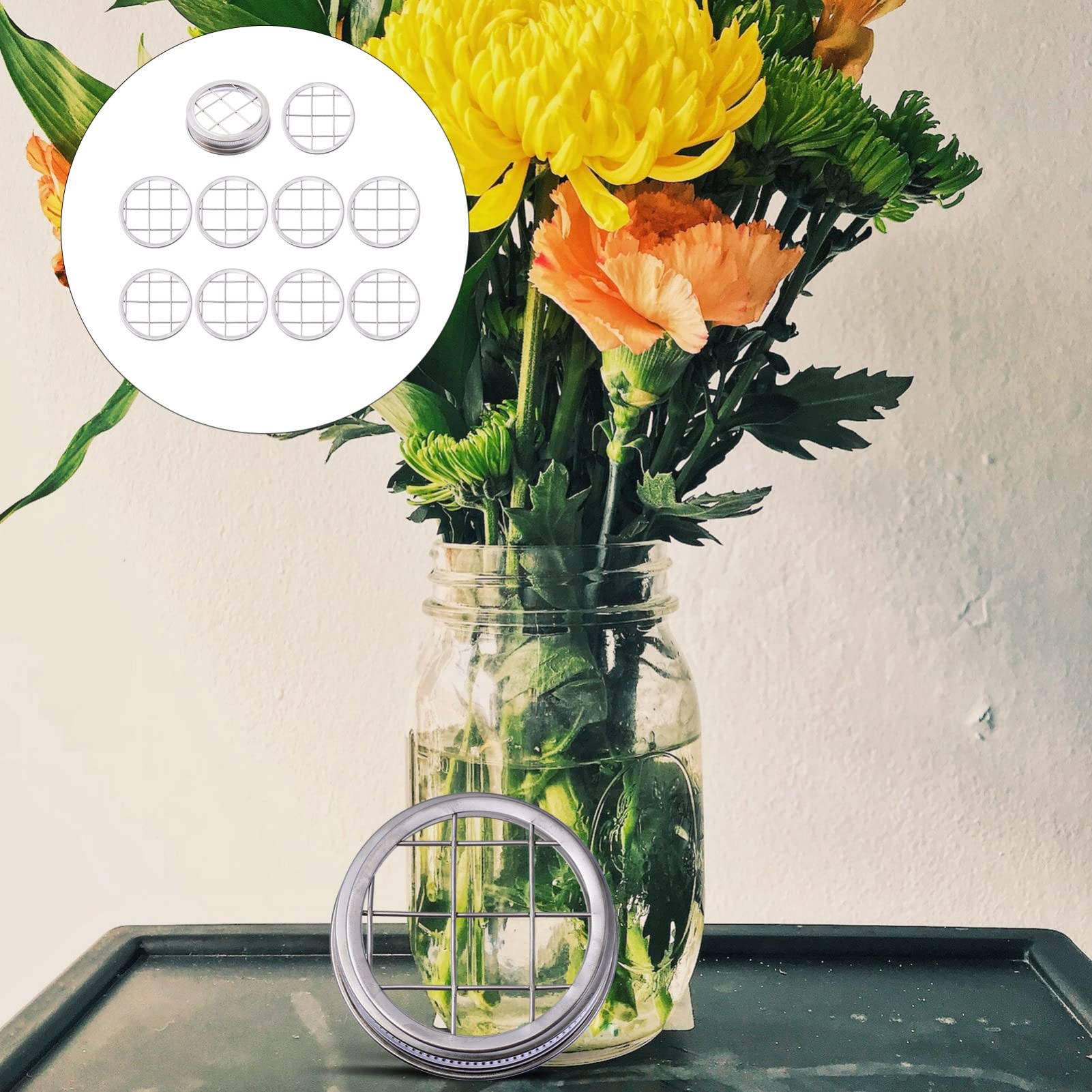 Stainless Steel Mason Jar Lid Insert - Metal Flower Frog Grid Organizer with 1 Cover & 10 Illustration Pieces - Perfect for Canning, Floral Arrangements & DIY Crafts - Cabilock Brand