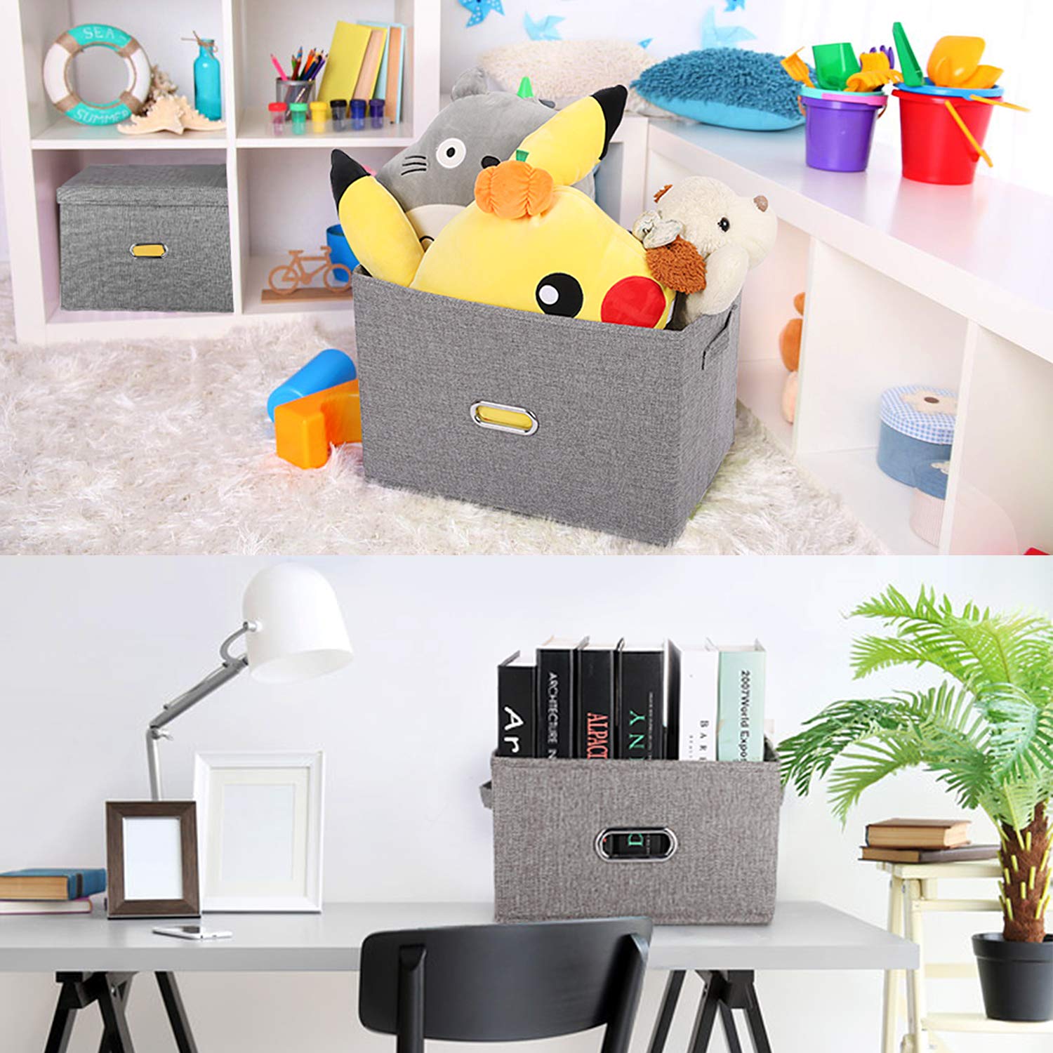 Linen Fabric Collapsible Storage Bins with Removable Lids & Handles - Washable Foldable Storage Box Organizer for Closet, Bedroom, Office, Nursery, Living Room - Perfect for Home Organization & Space Saving (Coffee, Medium Size)