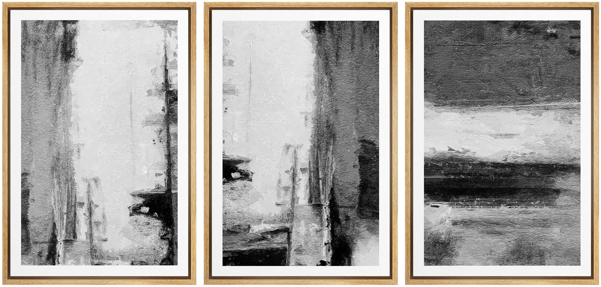 Ashbrook Framed Wall Art Print Set - Black & White Grunge Abstract Paintings with Modern Geometric Shapes | 16