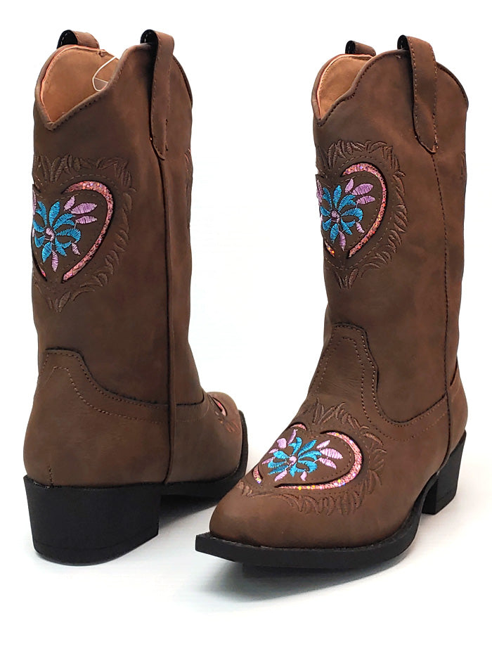 Roper 09 018 1556 1117 Kids Western Boots - Daisy Heart Snip Toe Cowgirl Boots in Brown for Girls | Perfect for Rodeo, Line Dancing & Country Fashion