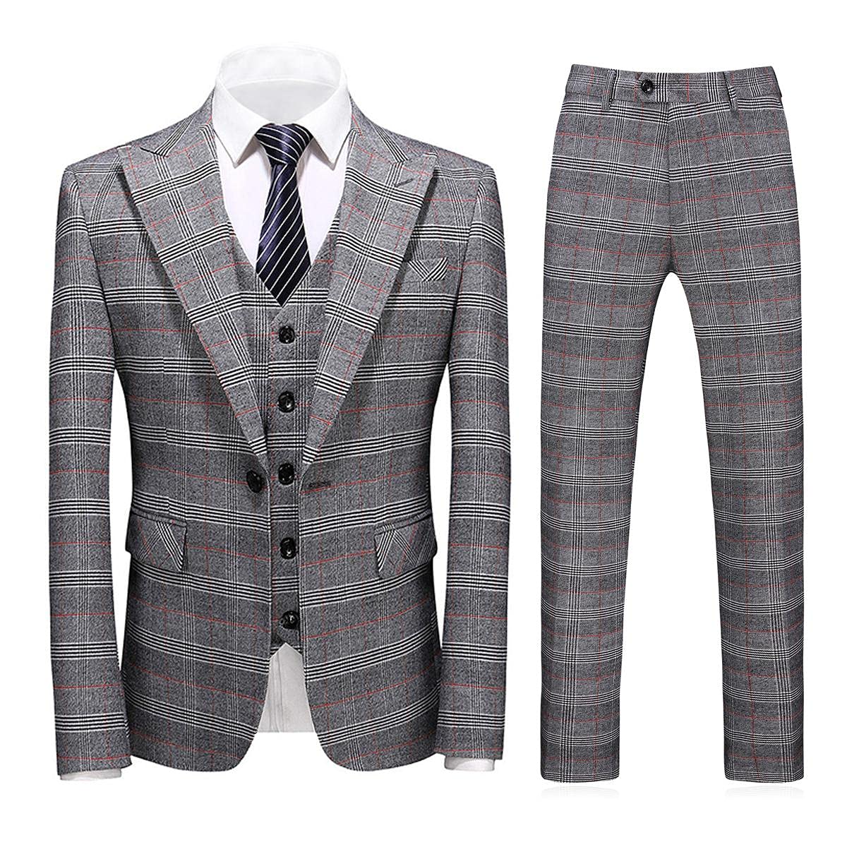 Men's 3 Piece Check Plaid Suit Set - Single Breasted One Button Jacket with Vest & Pants | Formal Business Attire, Wedding, Prom, Party & Special Occasions